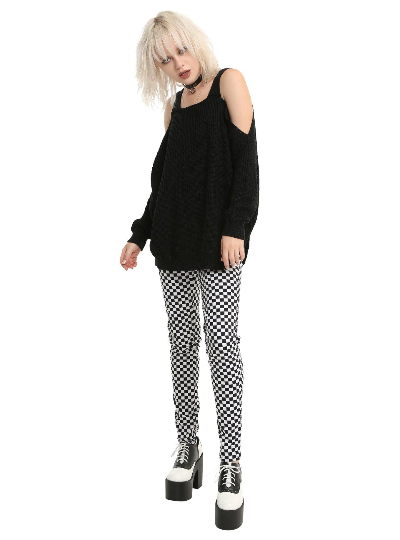 Black Cold Shoulder Heavy Knit Girls Sweater, , alternate