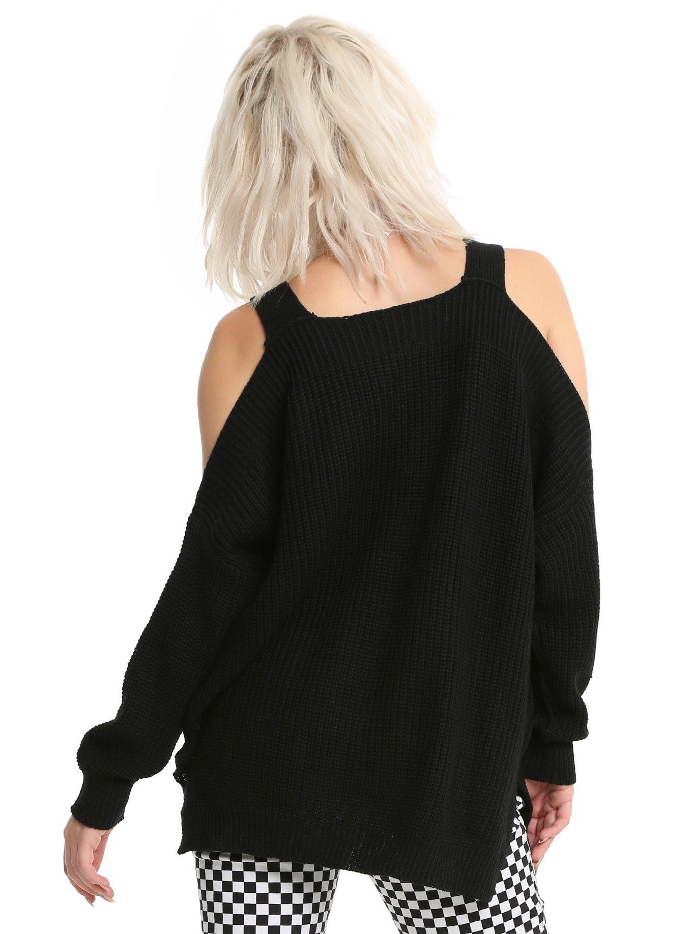 Black Cold Shoulder Heavy Knit Girls Sweater, , alternate