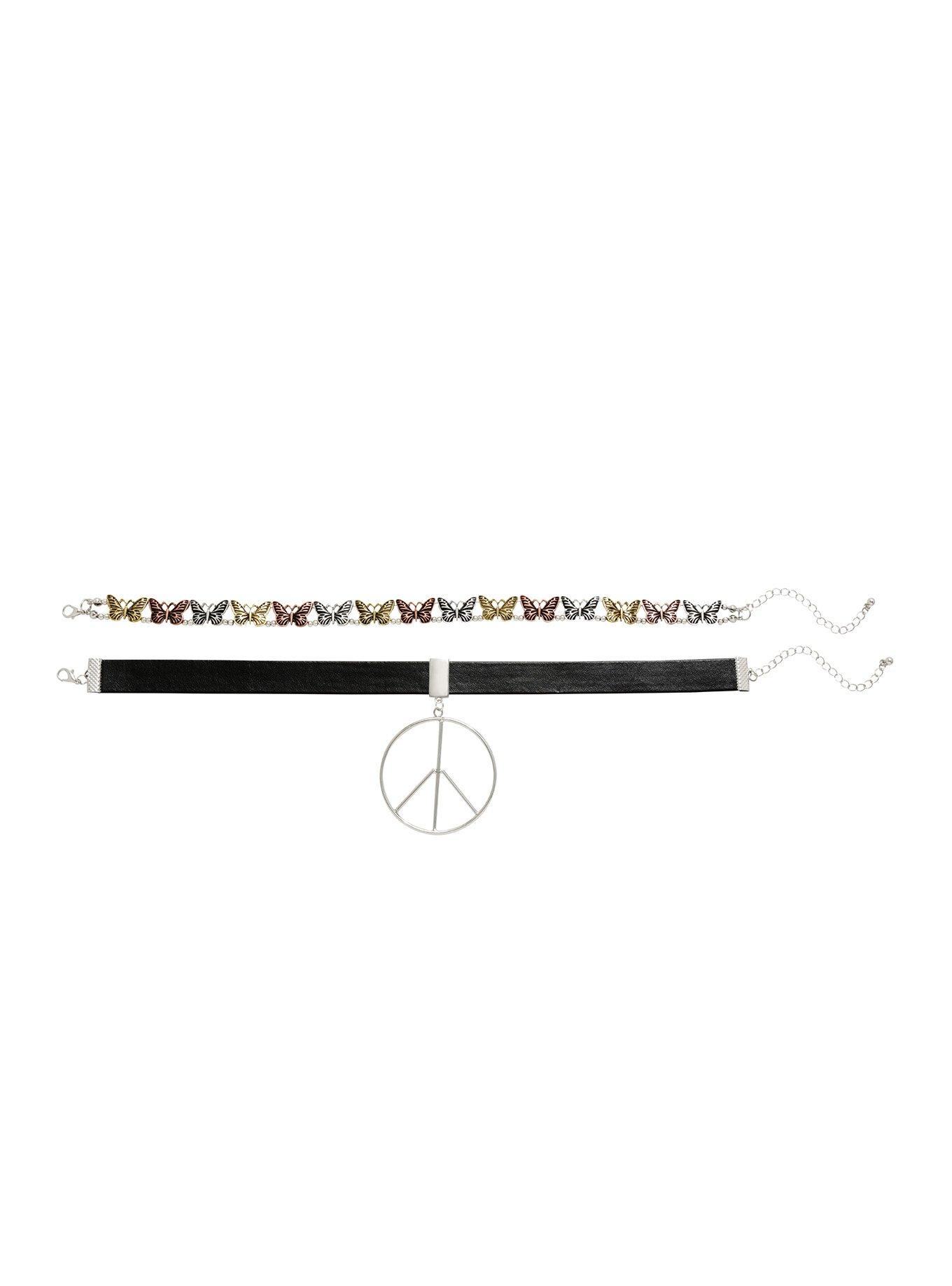 Peace Sign Metal Butterfly Choker Set, , alternate