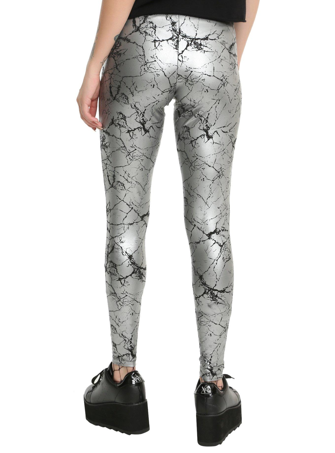 Silver Metallic Crackle Leggings, , alternate