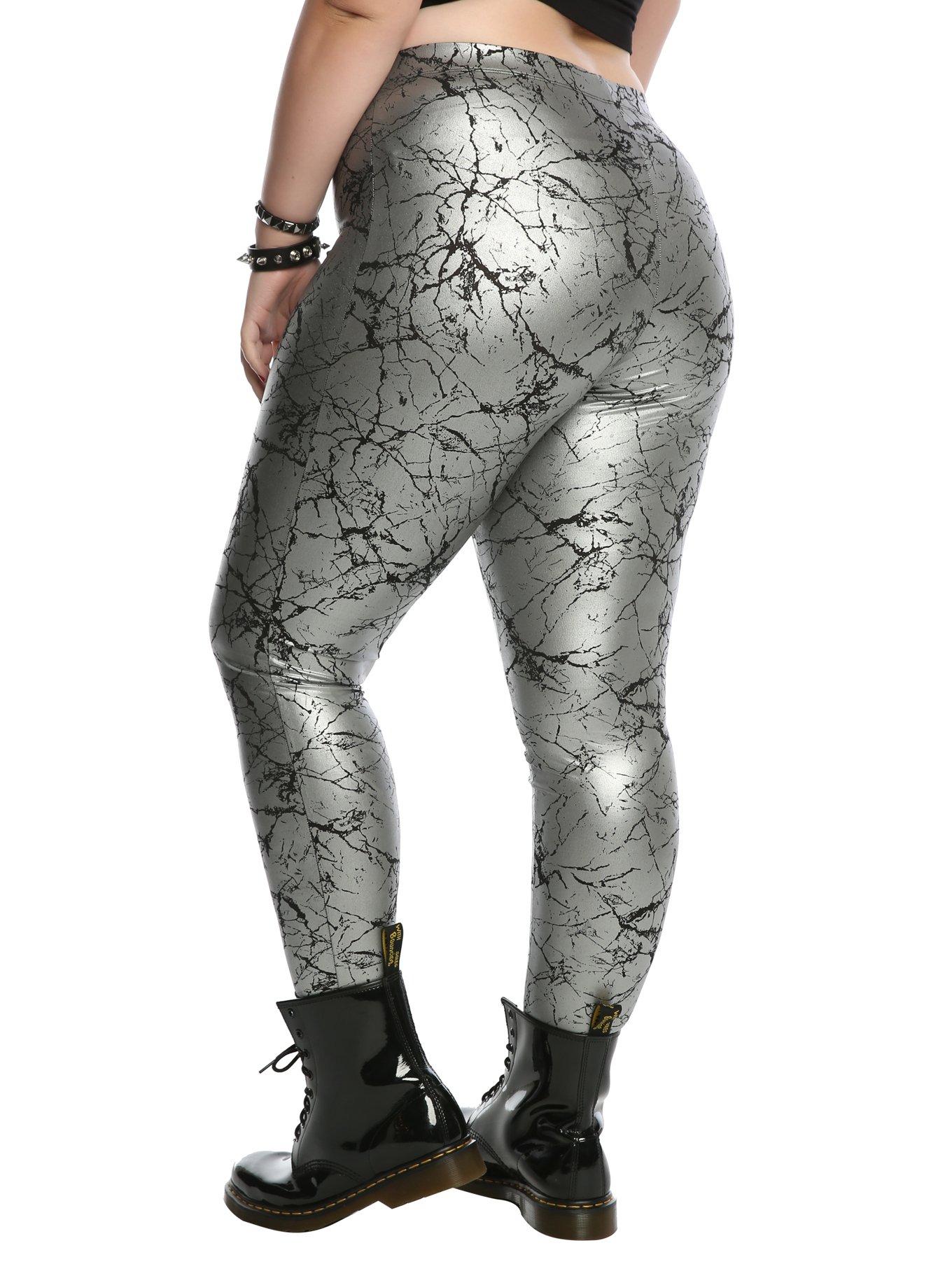 Silver Metallic Crackle Leggings Plus Size, , alternate