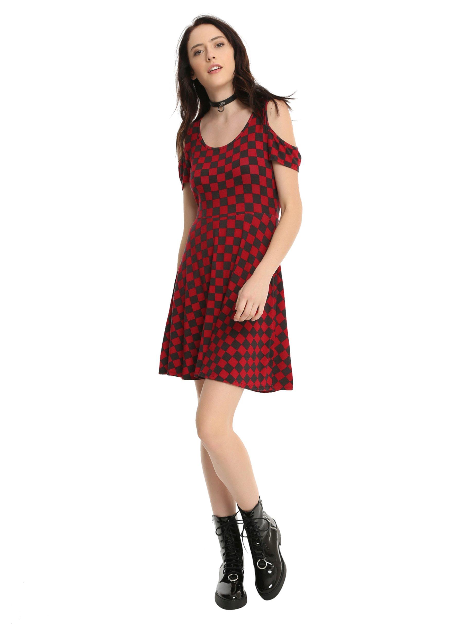 Red & Black Checkered Cold Shoulder Dress, , alternate
