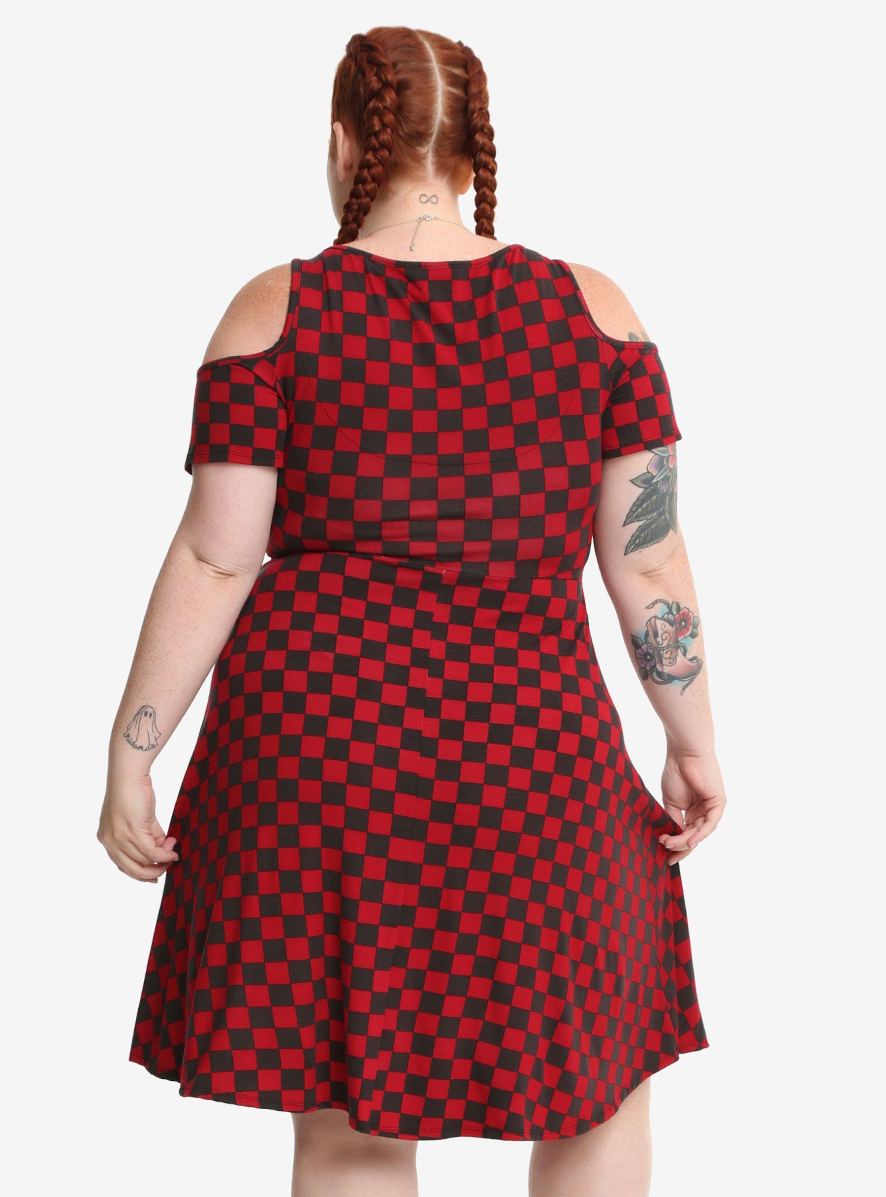 Red & Black Checkered Cold Shoulder Dress Plus Size, , alternate