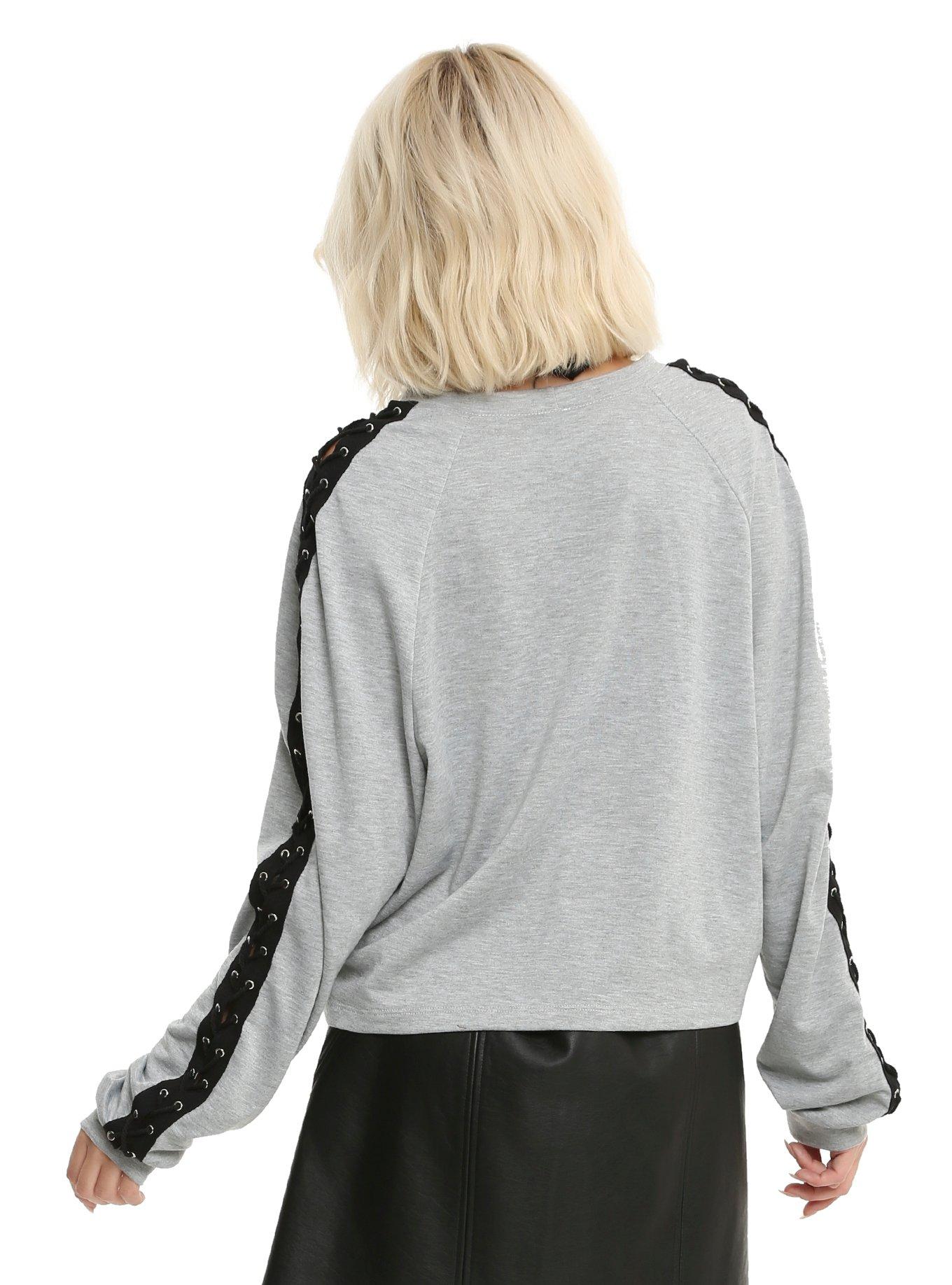 Grey Lace-Up Long-Sleeve Girls Top, , alternate