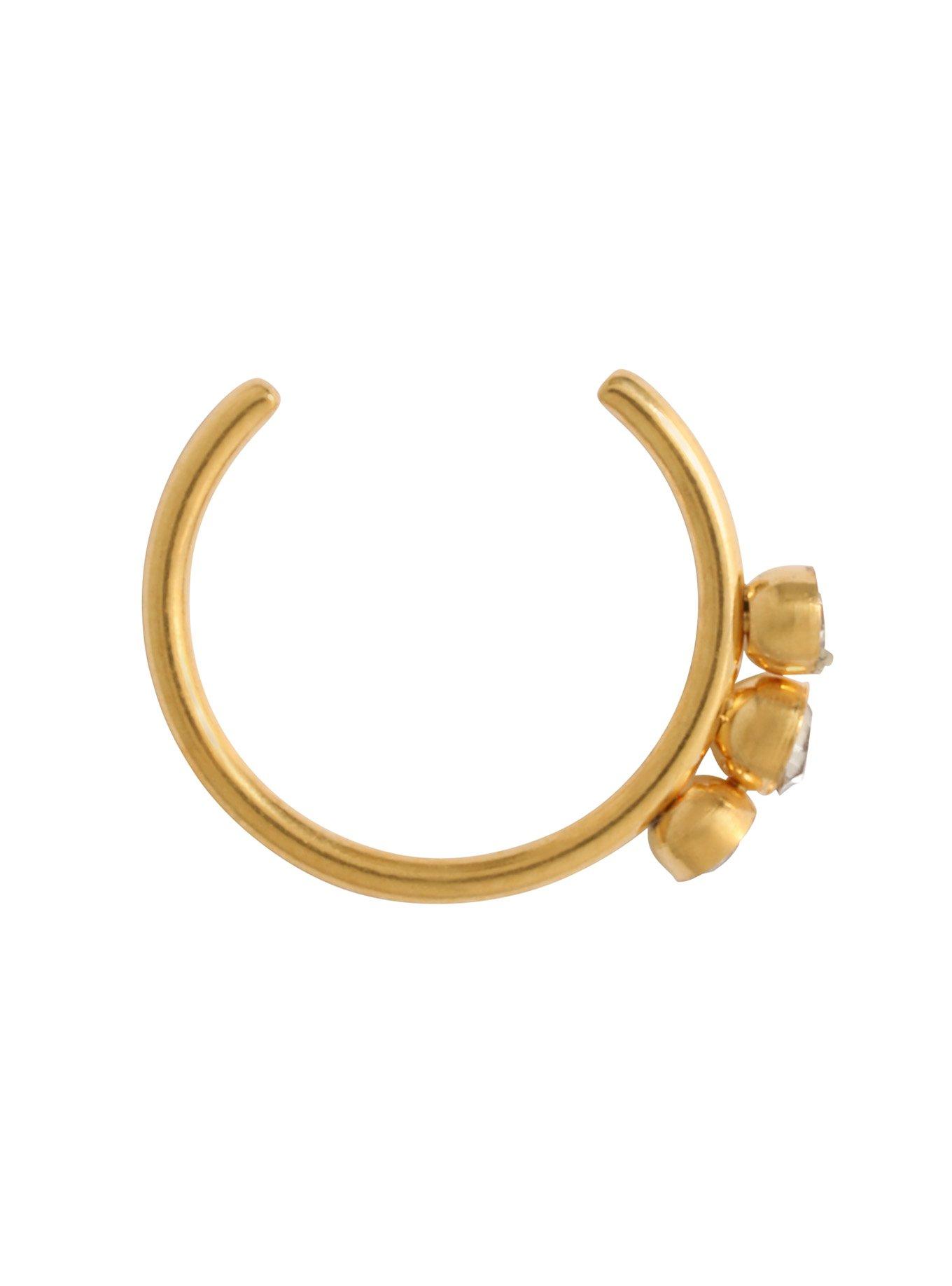 Steel Gold Triple Gem Faux Lip Hoop, , alternate