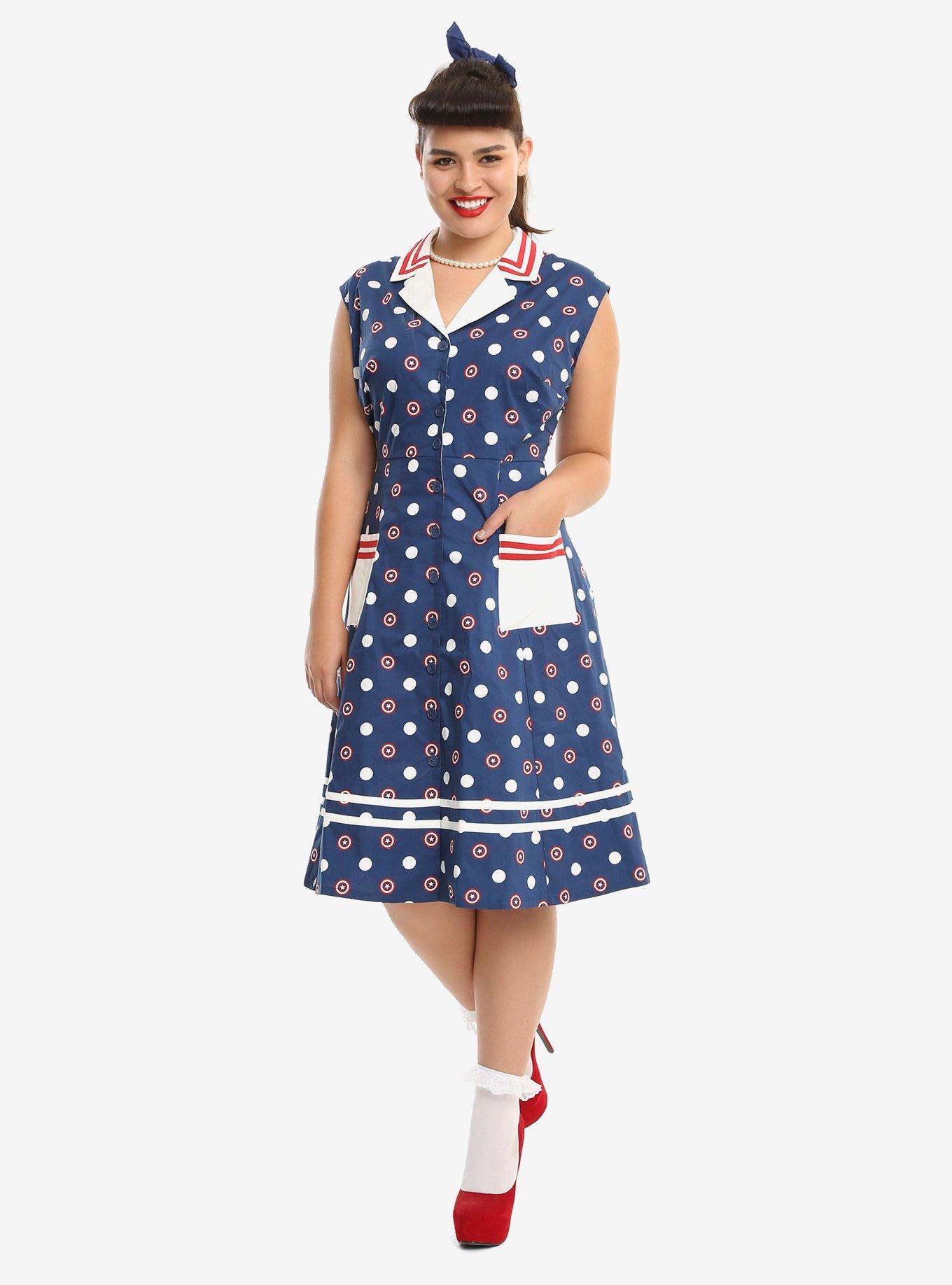 Her Universe Marvel Captain America Retro Button-Front Dress Plus Size, BLUE, alternate