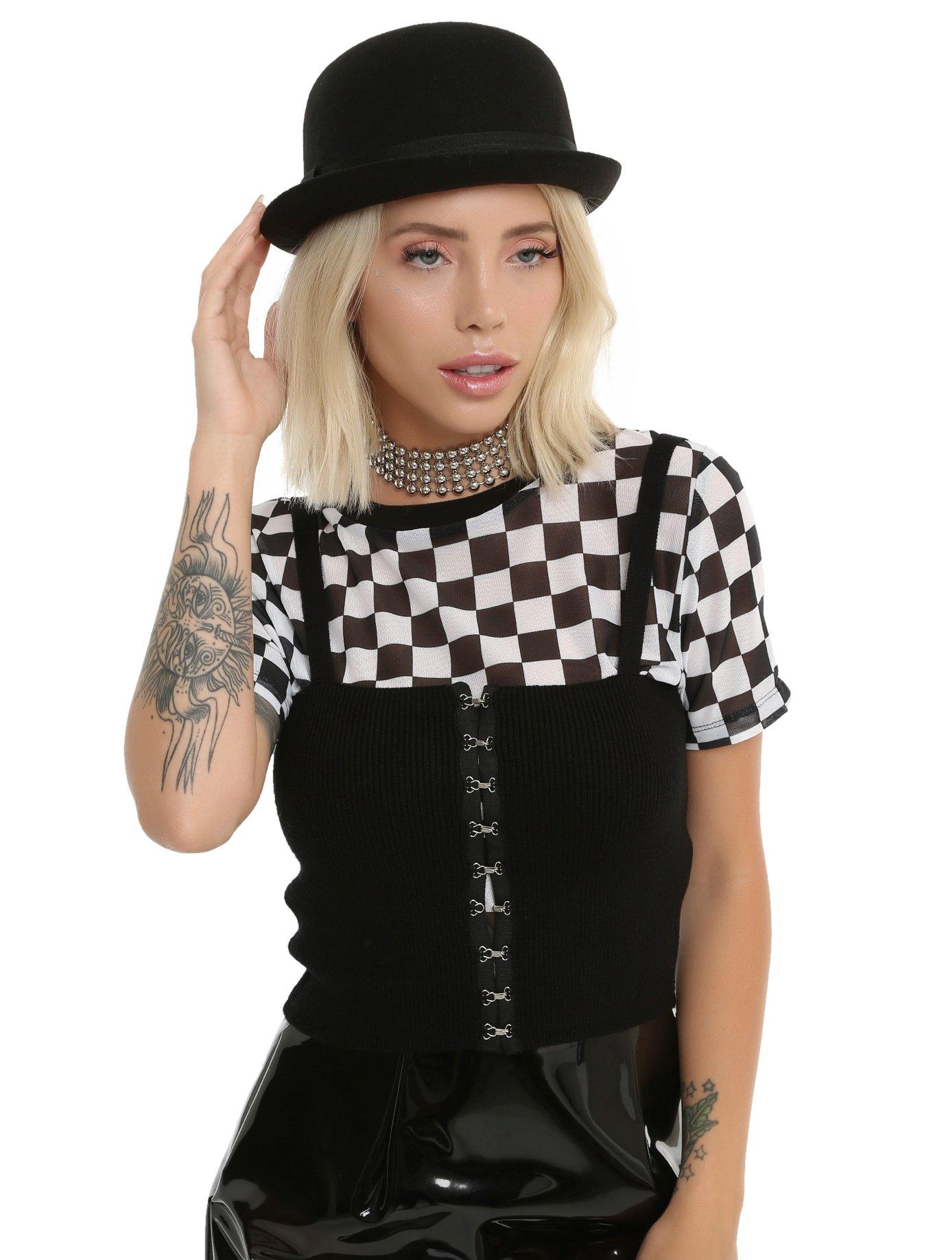 Black & White Checkered Girls Mesh Top, , alternate