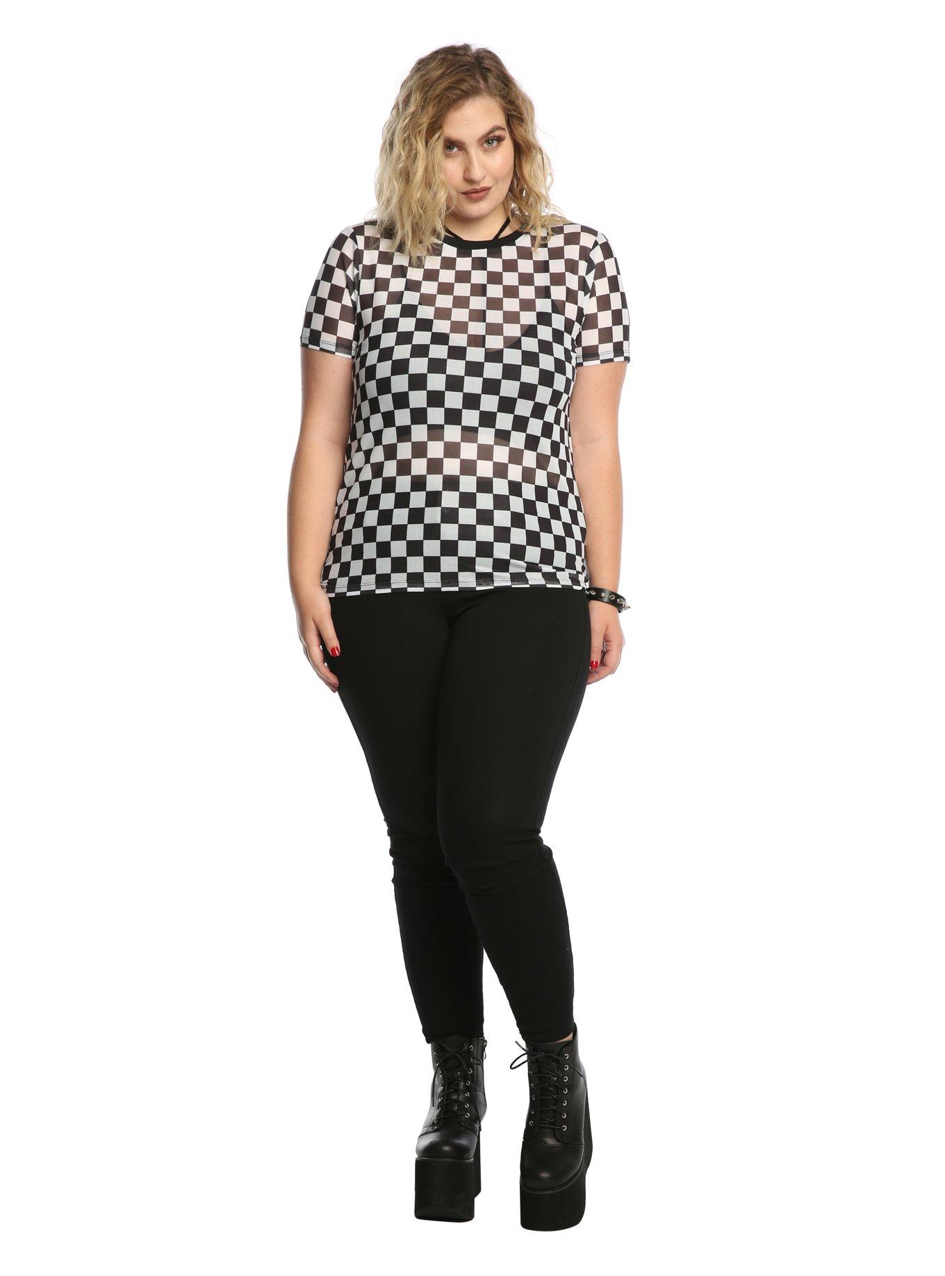 Black & White Checkered Girls Mesh Top Plus Size, , alternate