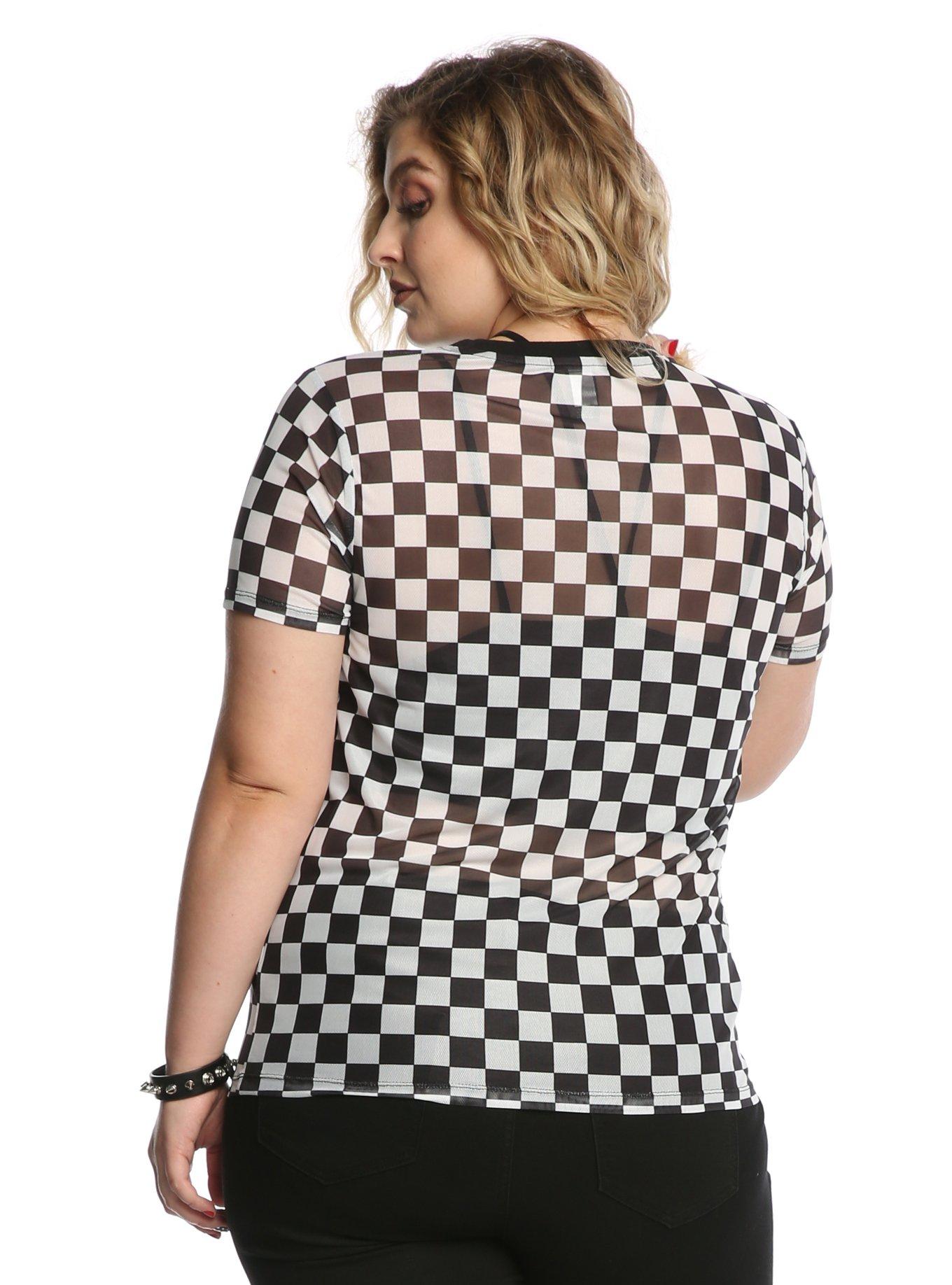 Black & White Checkered Girls Mesh Top Plus Size, , alternate