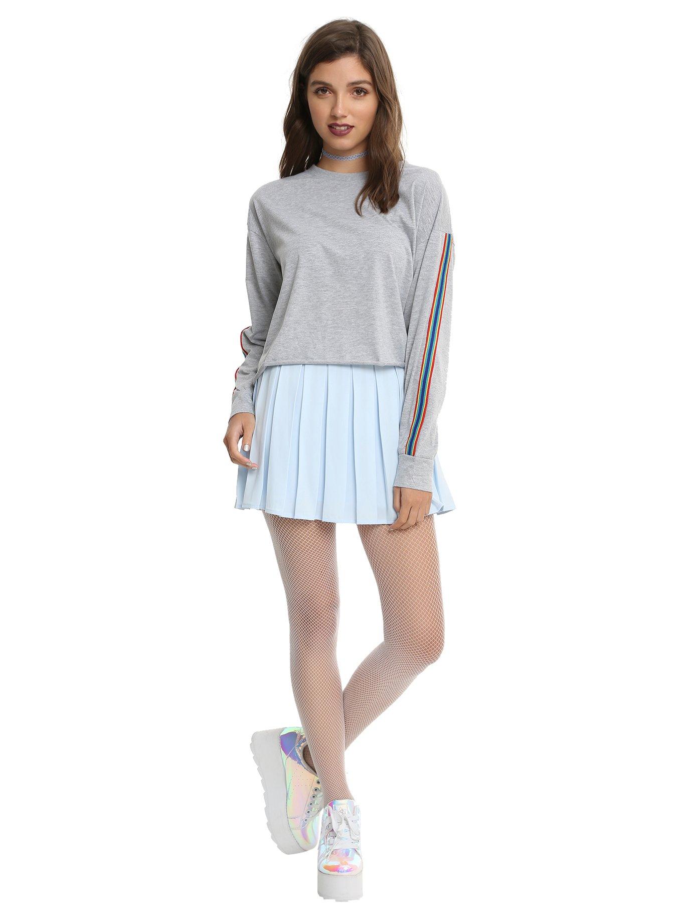 Rainbow Trim Sleeve Heather Grey Girls Top, , alternate