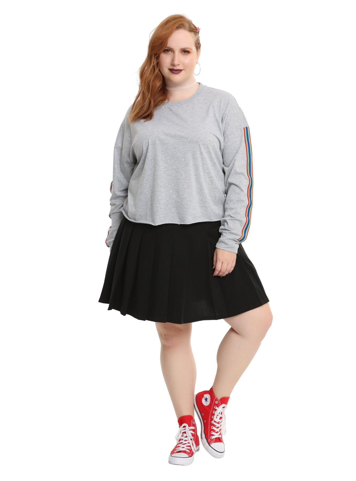 Rainbow Trim Sleeve Heather Grey Girls Top Plus Size, , alternate