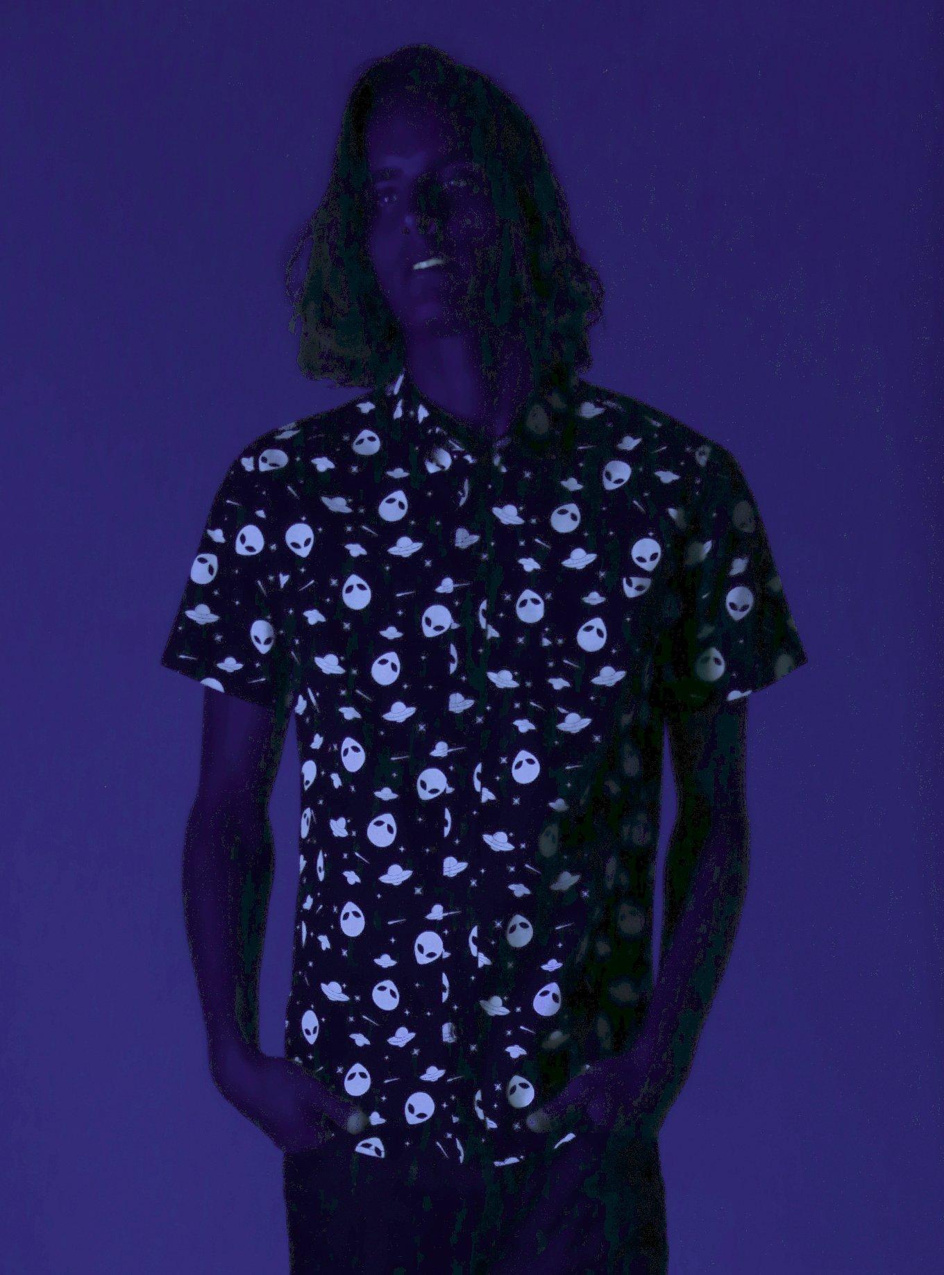 XXX RUDE Black & White Glow-In-The-Dark Alien Short-Sleeved Woven Button-Up, , alternate