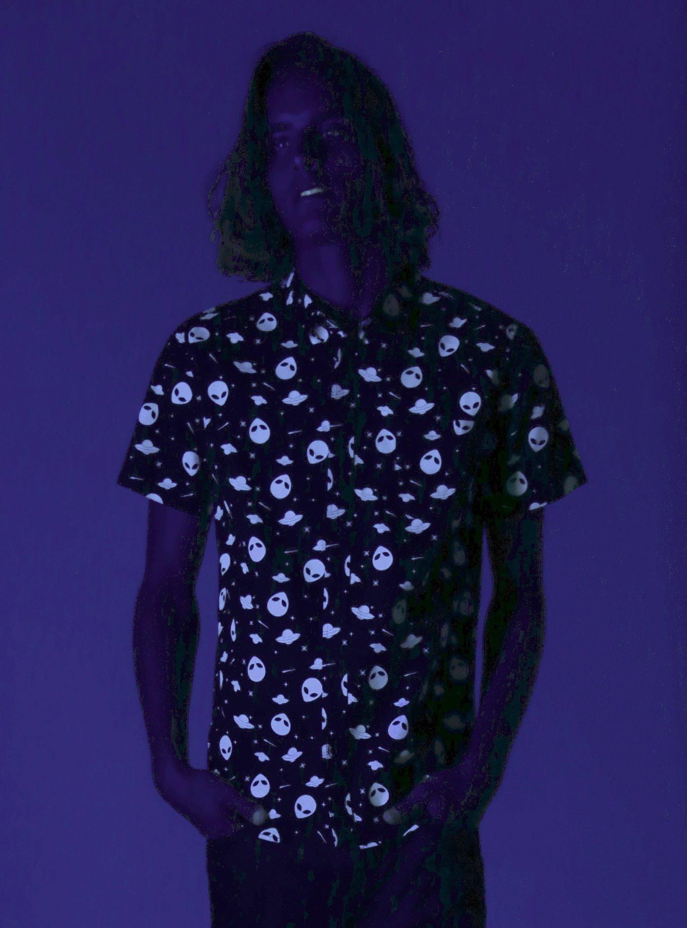 XXX RUDE Black & White Glow-In-The-Dark Alien Short-Sleeved Woven Button-Up, , alternate