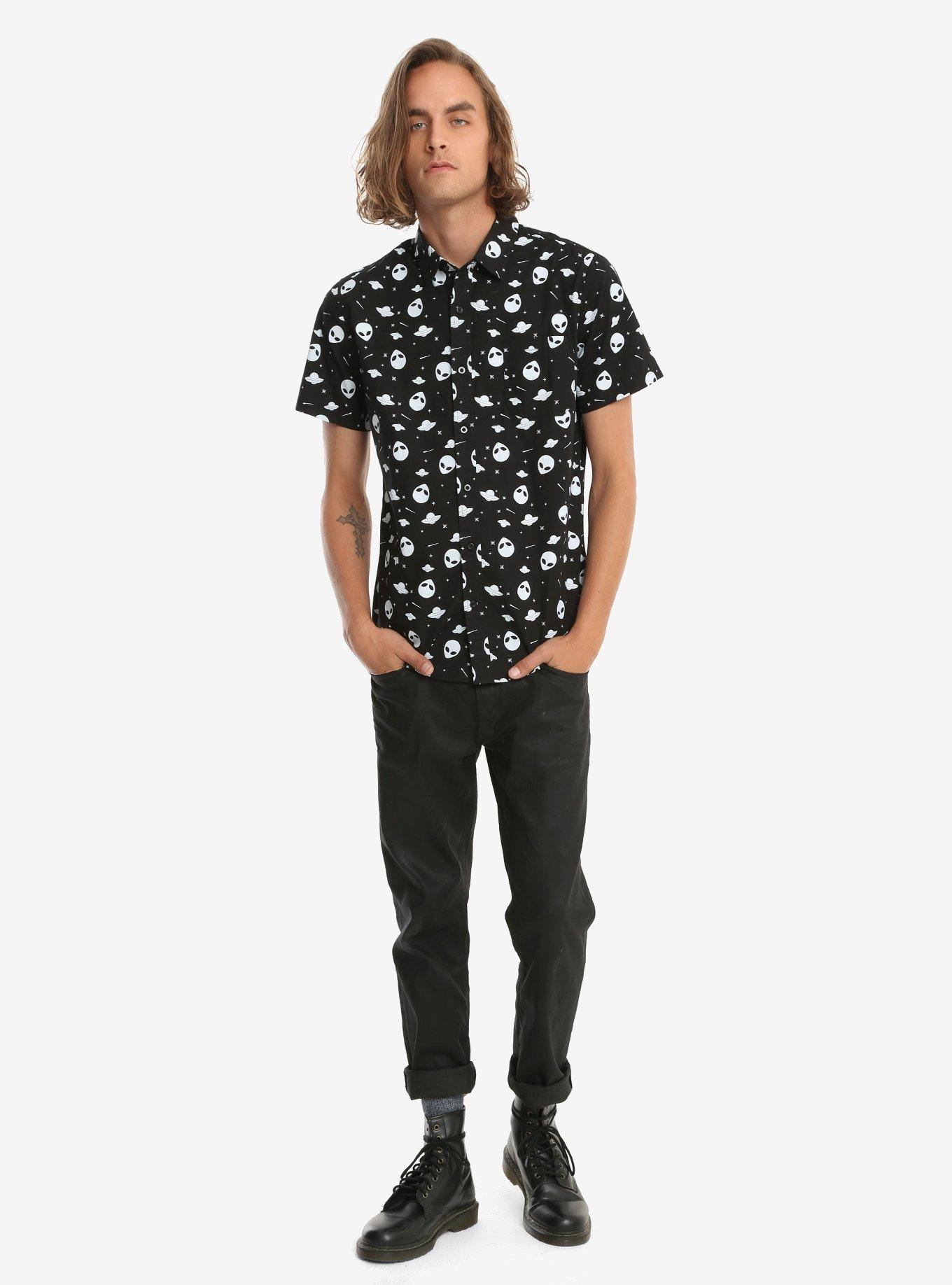 XXX RUDE Black & White Glow-In-The-Dark Alien Short-Sleeved Woven Button-Up, , alternate