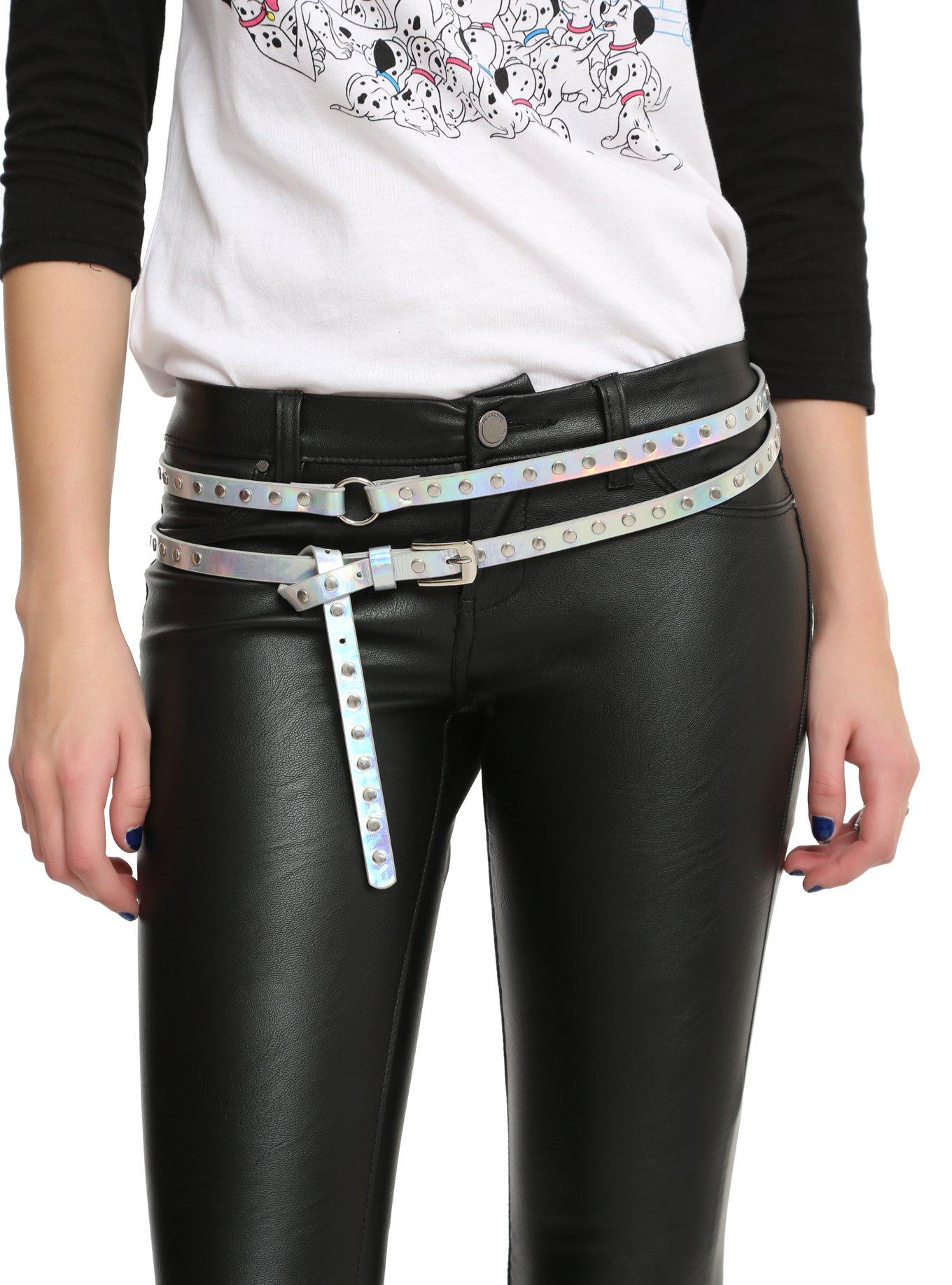 Iridescent Double Strand Skinny Faux Leather Belt, , alternate