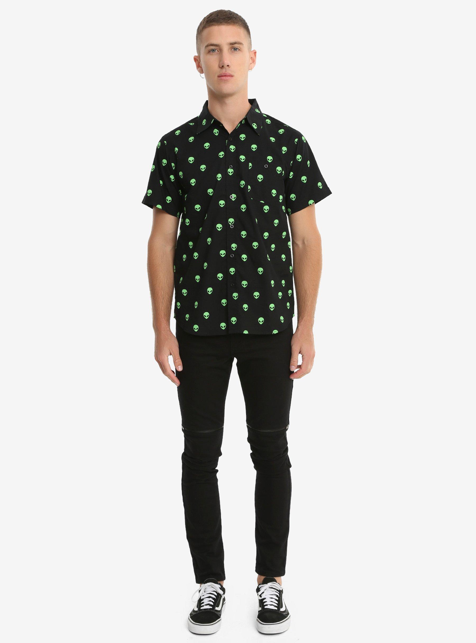 Black & Green Alien Head Short-Sleeved Woven Button-Up, , alternate