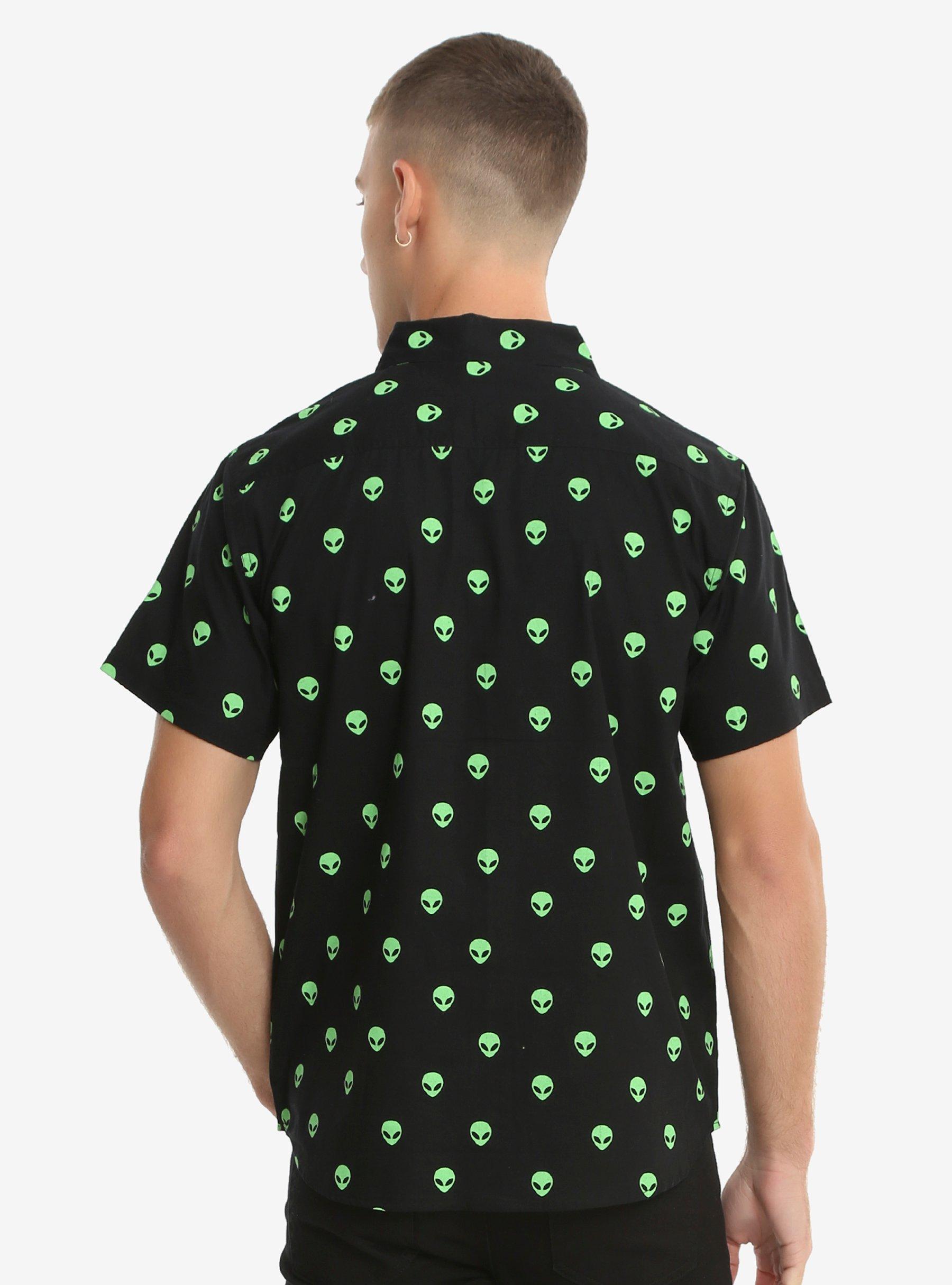 Black & Green Alien Head Short-Sleeved Woven Button-Up, , alternate