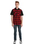 Red & Black Buffalo Plaid Short-Sleeved Hooded Woven Button-Up, , alternate