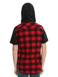 Red & Black Buffalo Plaid Short-Sleeved Hooded Woven Button-Up, , alternate