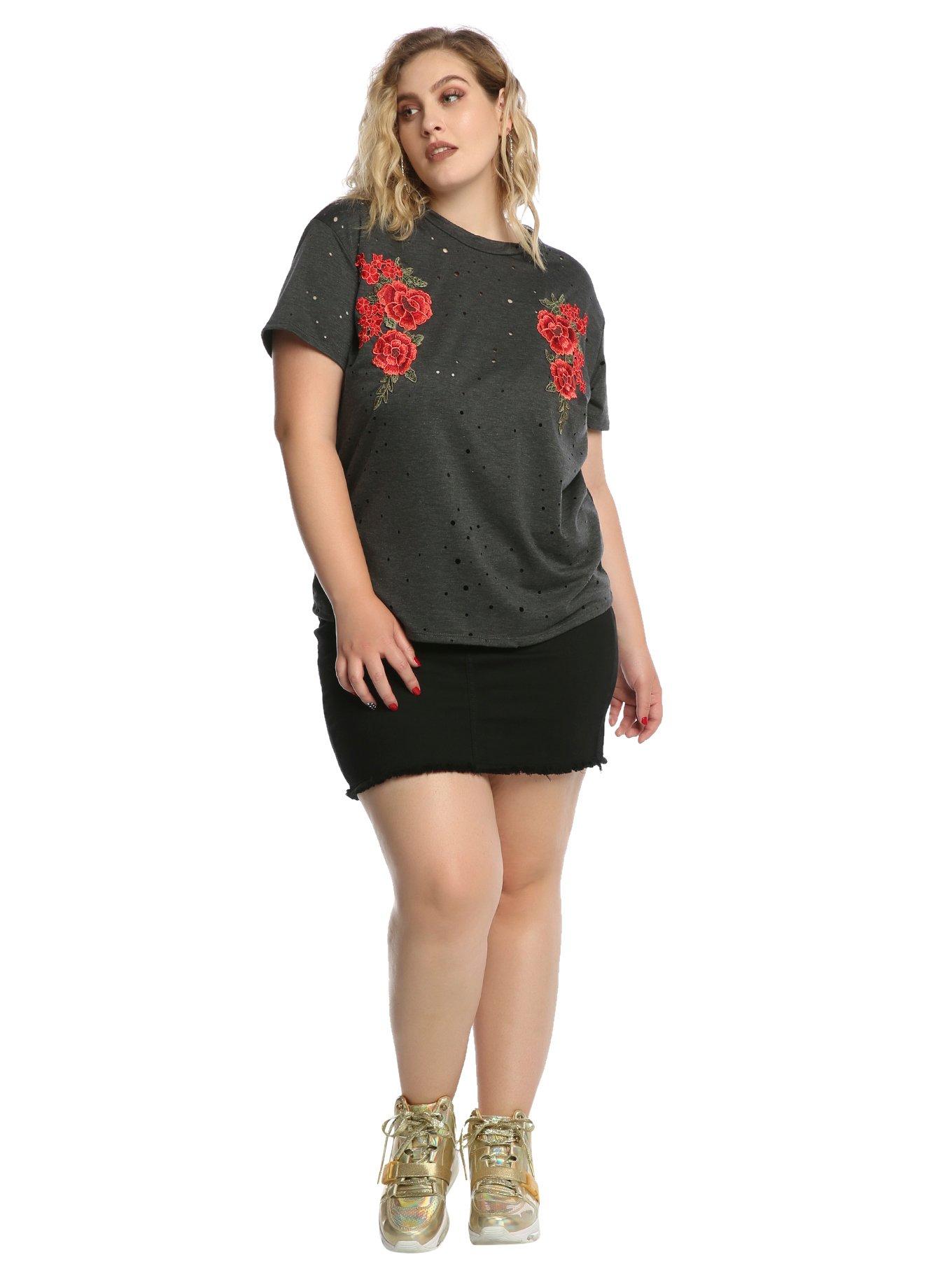 Grey Embroidered Rose Girls Top Plus Size, , alternate
