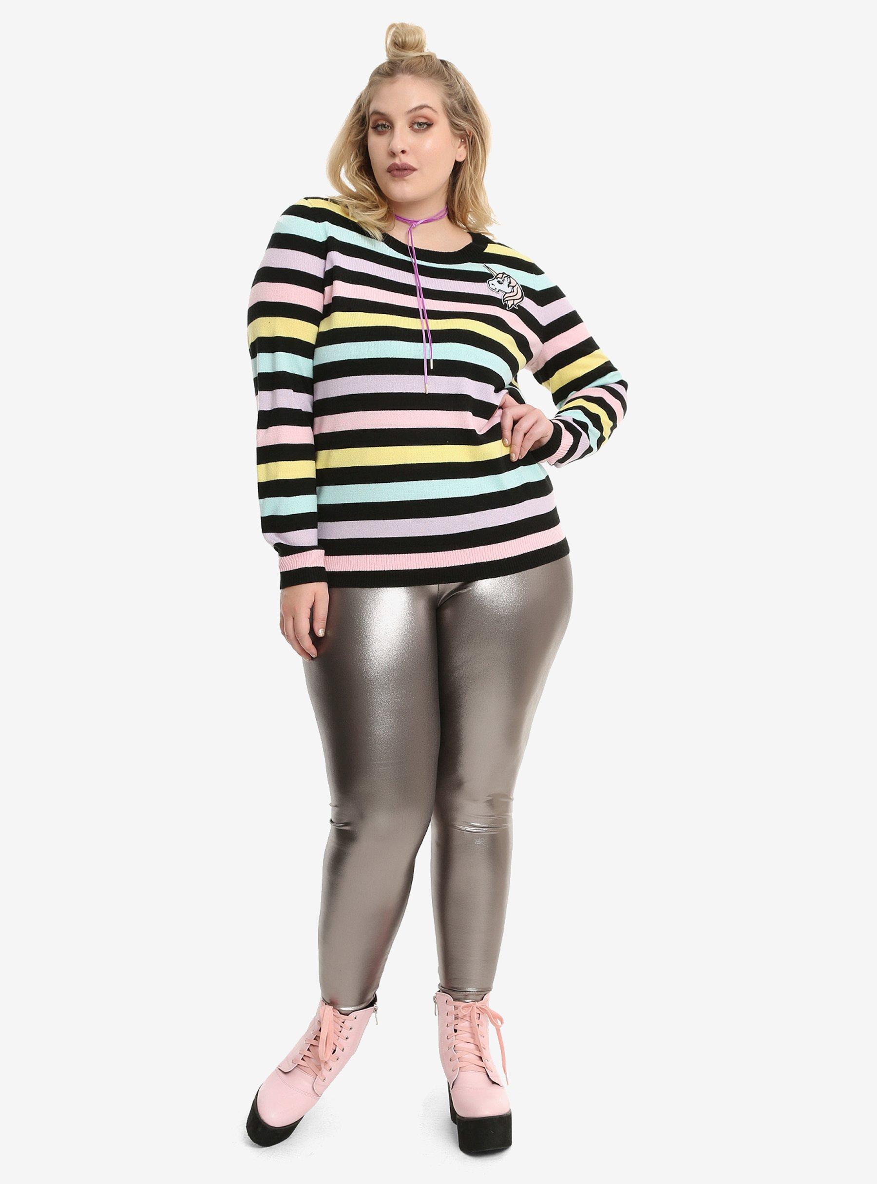 Pastel Stripe Unicorn Girls Sweater Plus Size, , alternate