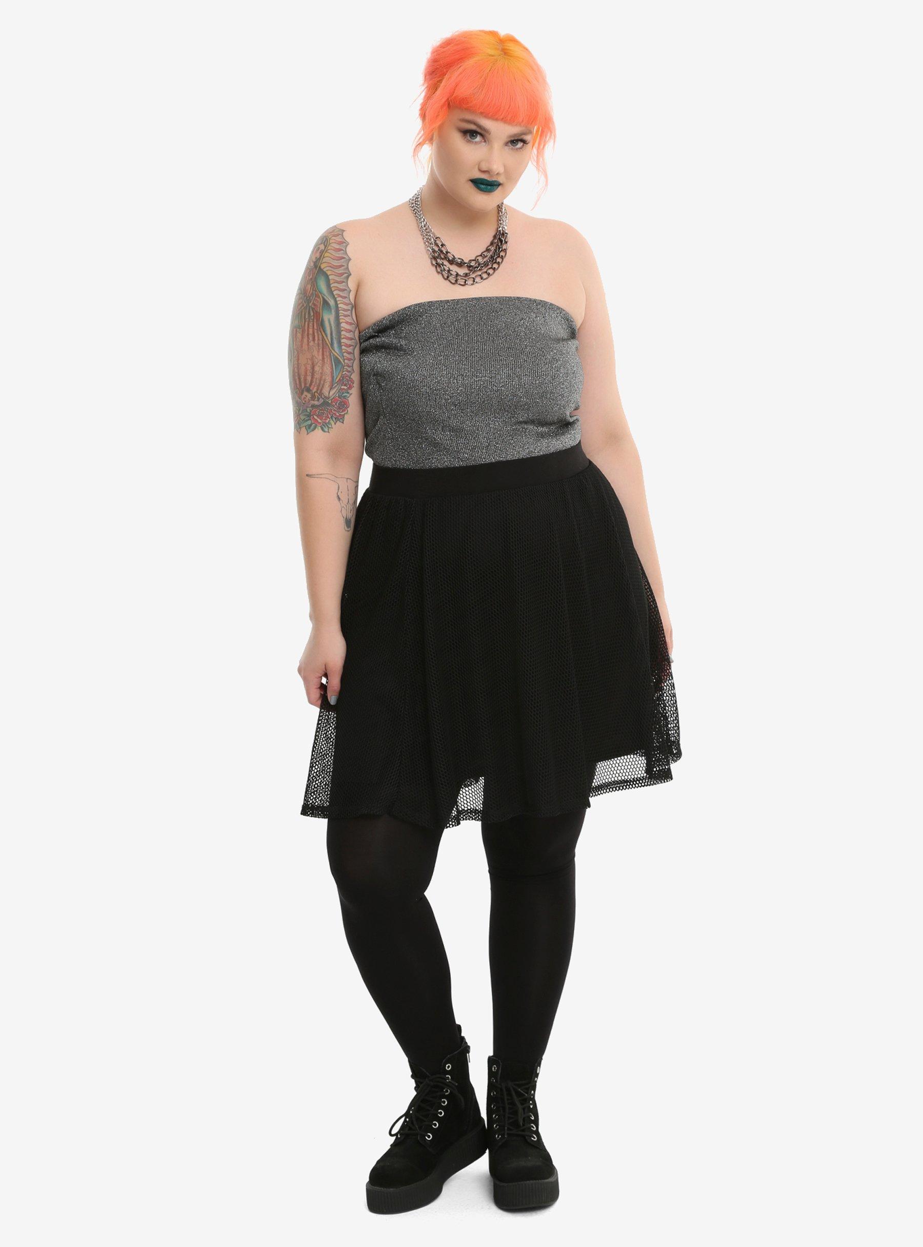 Black Fishnet Overlay Skirt Plus Size, , alternate