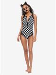 Black & White Checkered Zip-Up Swimsuit, , alternate