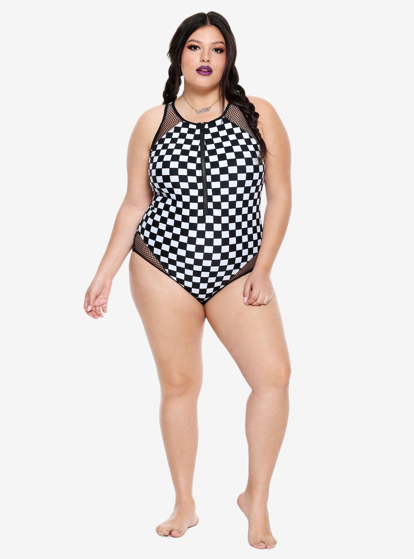 Black & White Checkered Zip-Up Swimsuit Plus Size, , alternate