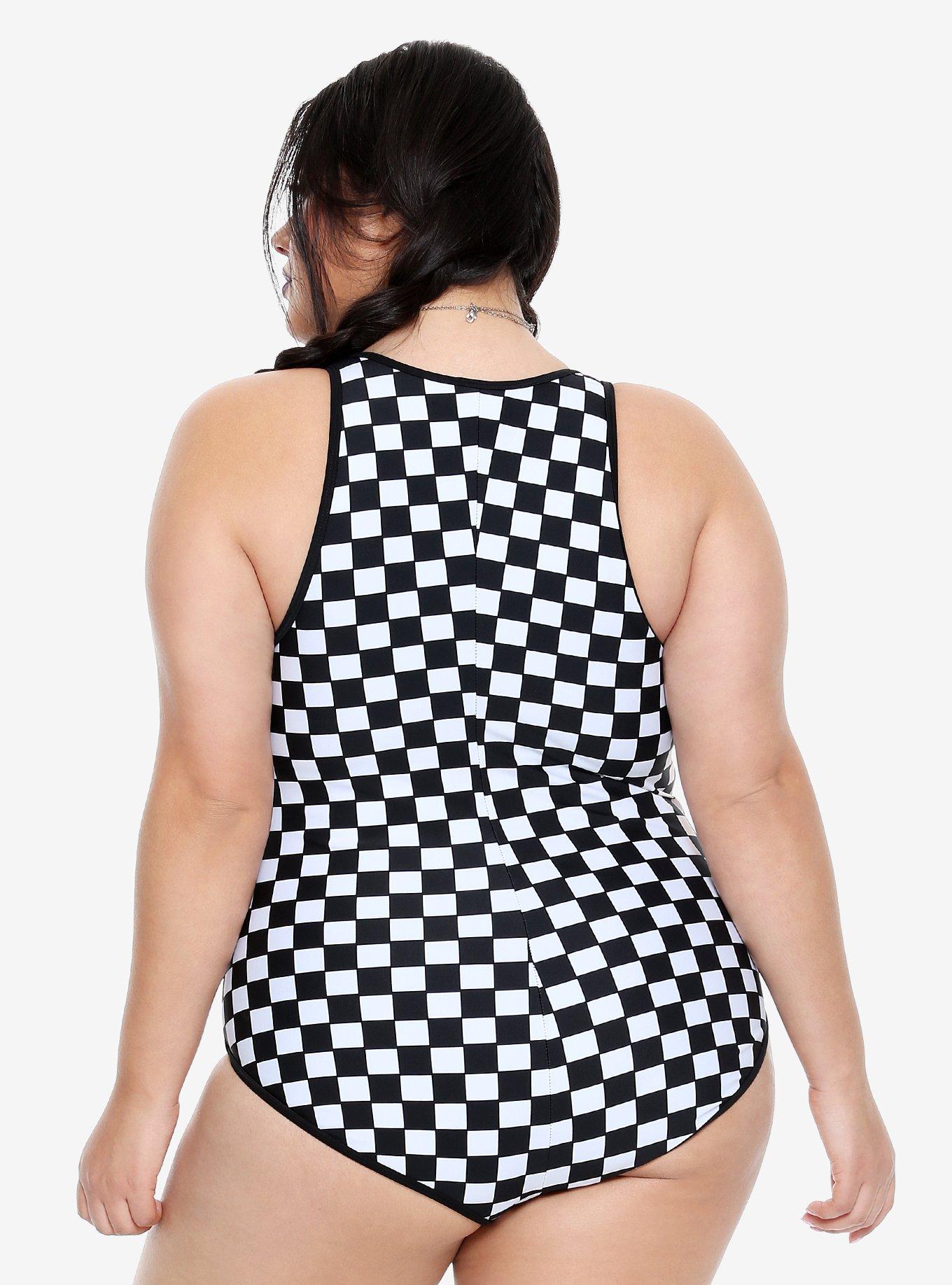 Black & White Checkered Zip-Up Swimsuit Plus Size, , alternate