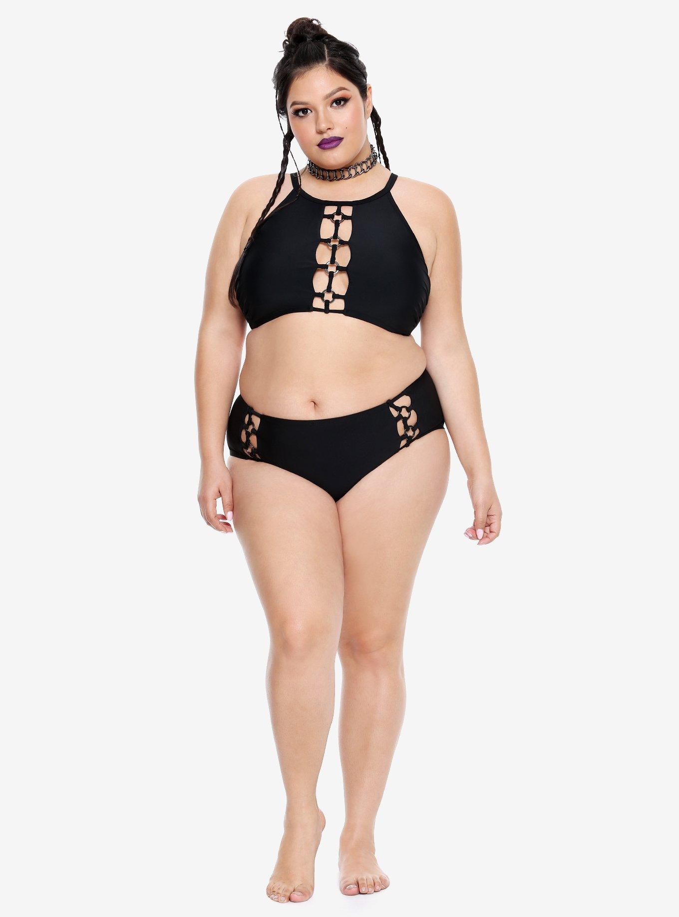 High-Neck O-Ring Cage Swim Top Plus Size, , alternate