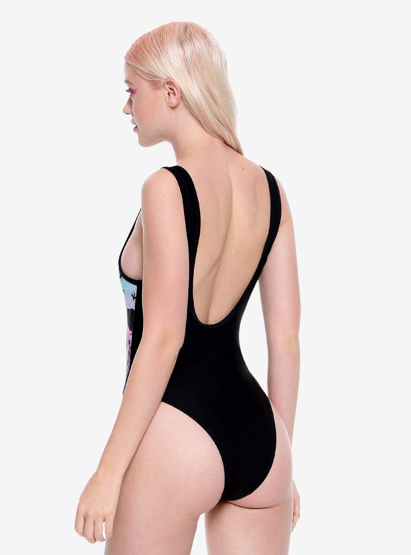 Ombre Dripping Skulls Swimsuit, BLACK, alternate