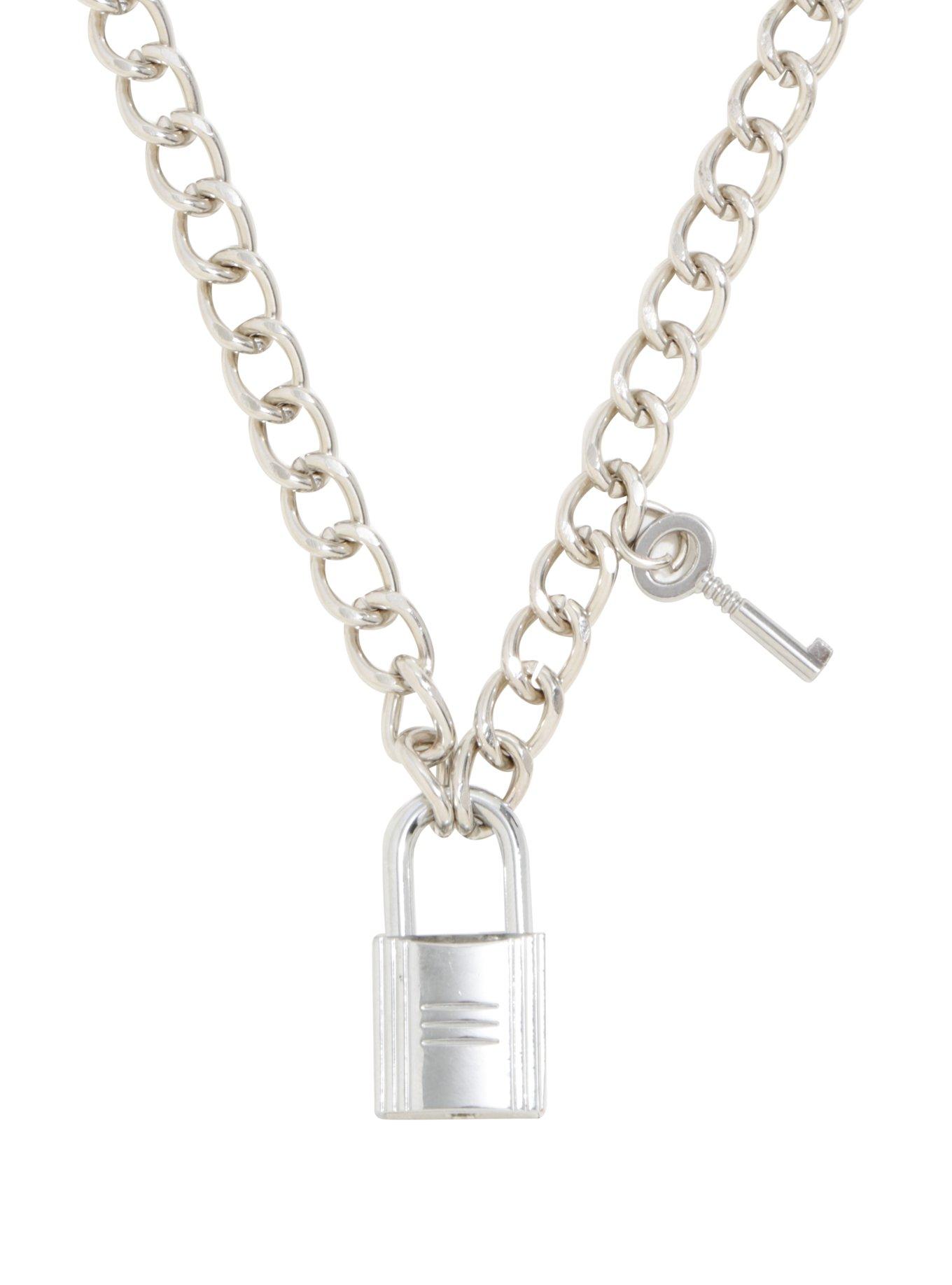 Silver Metal Padlock Choker, , alternate