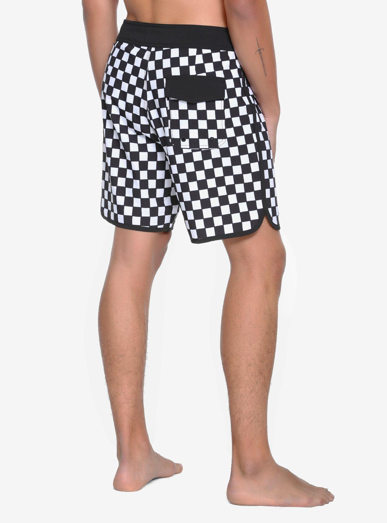 Black & White Checkered Swim Trunks, BLACK-WHITE, alternate