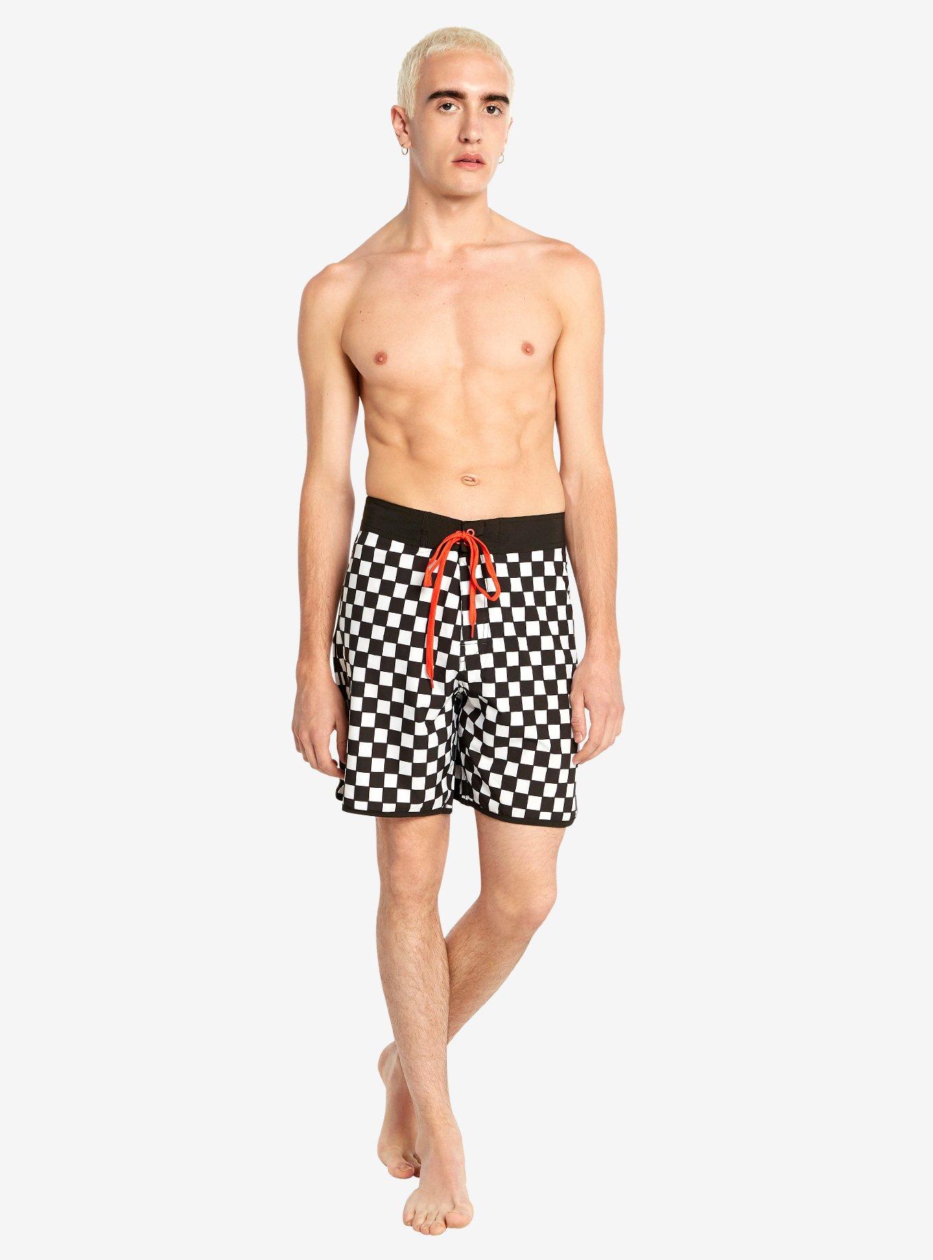 Black & White Checkered Swim Trunks, BLACK-WHITE, alternate