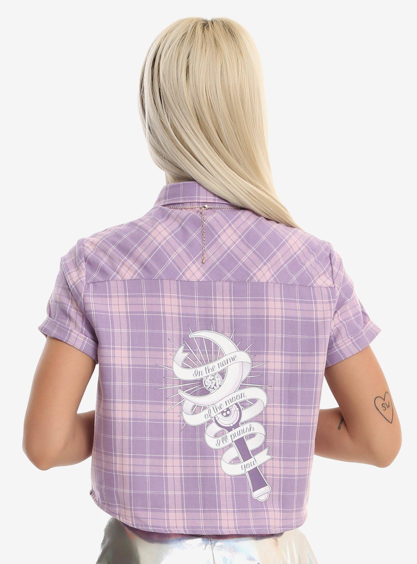 Sailor Moon Purple & Pink Plaid Girls Crop Woven Button-Up, , alternate
