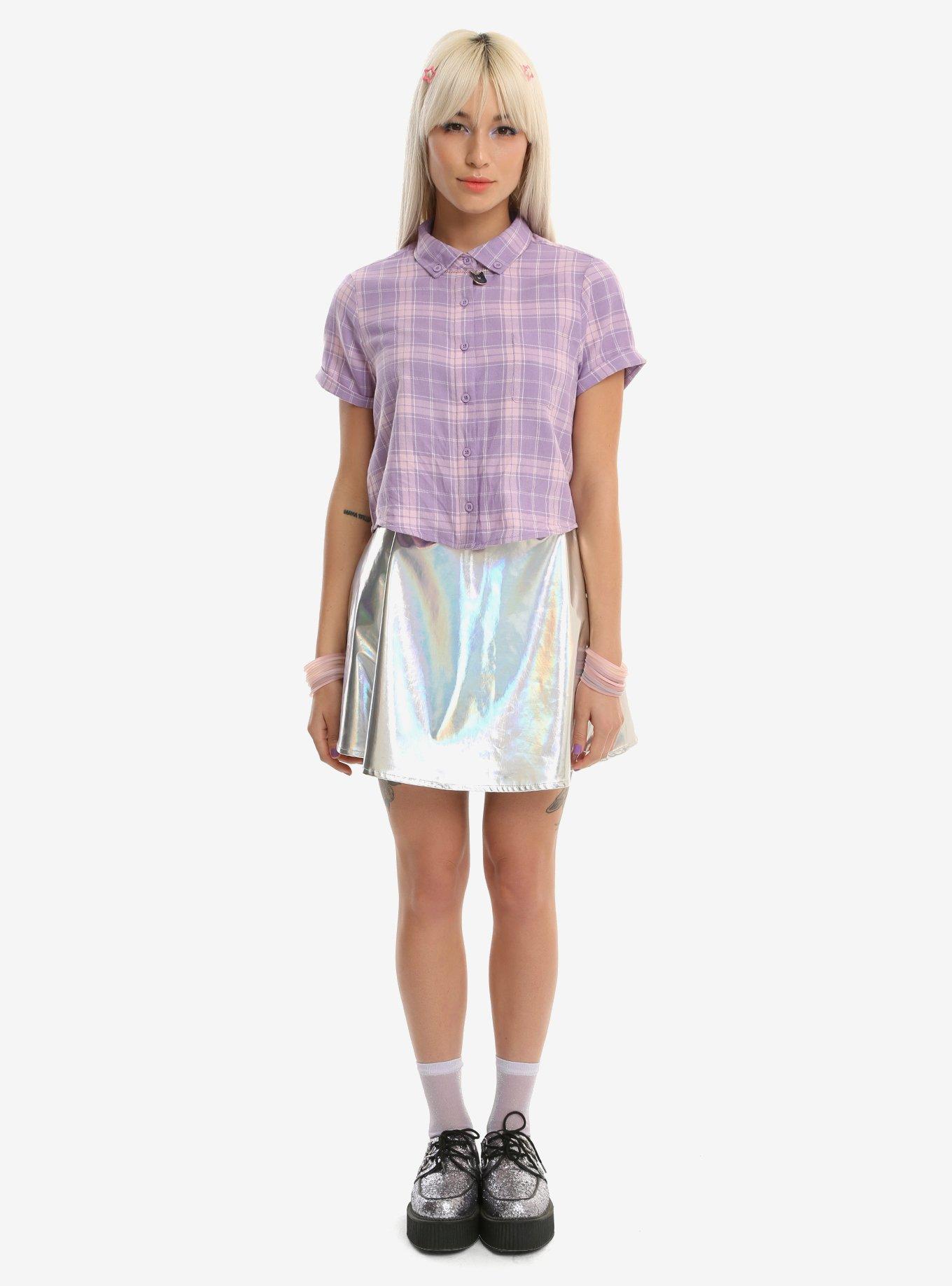 Sailor Moon Purple & Pink Plaid Girls Crop Woven Button-Up, , alternate