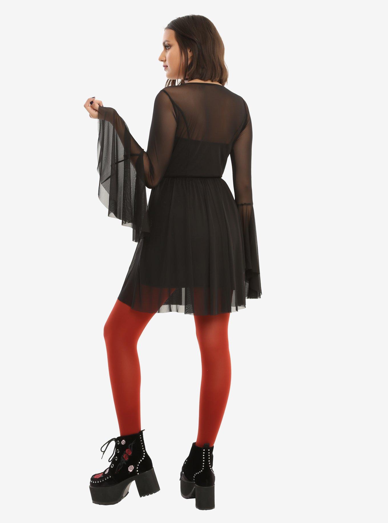Black Lace-Up Bodice Bell Sleeve Mesh Dress, BLACK, alternate