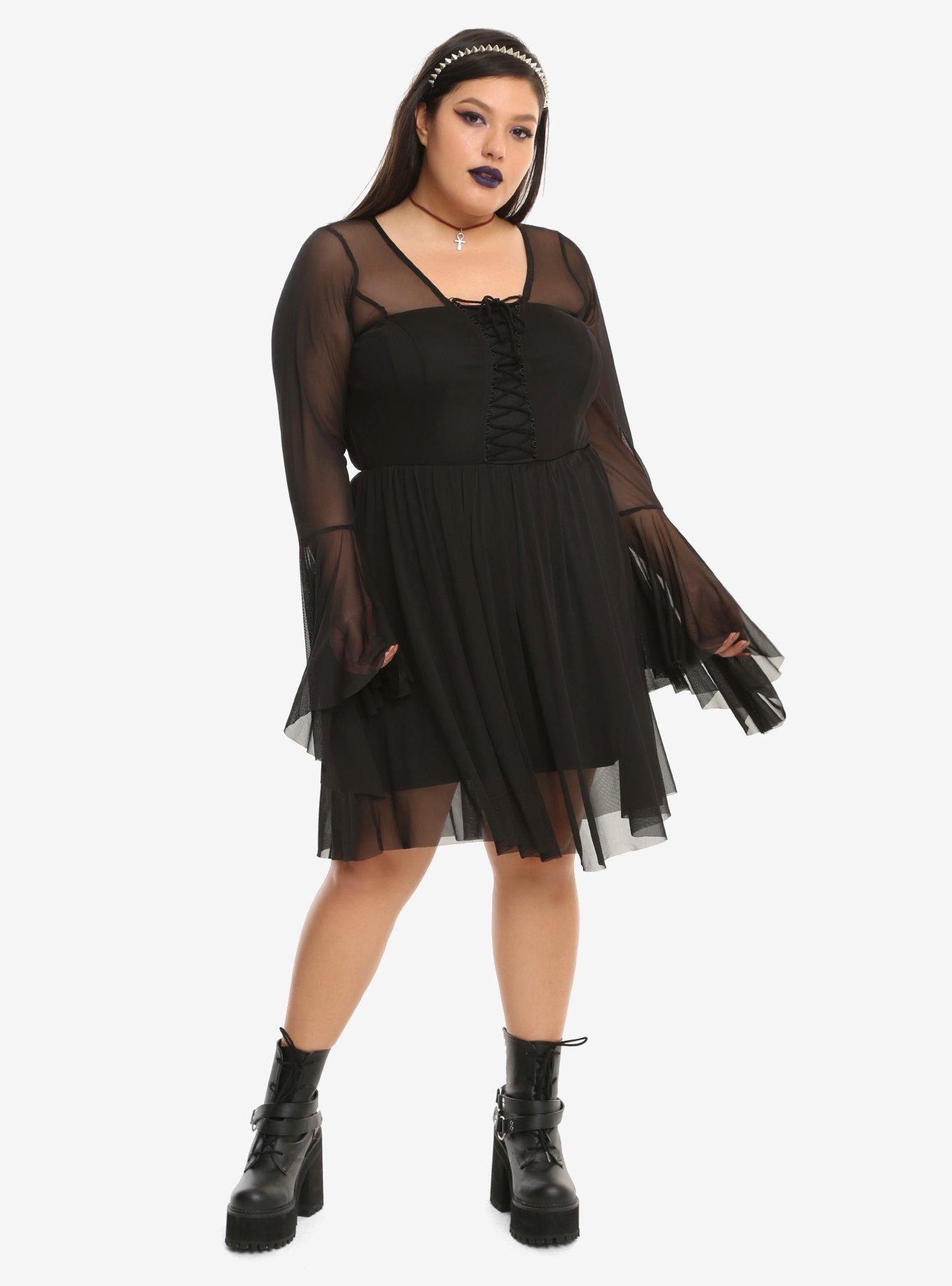 Black Lace-Up Bodice Bell Sleeve Mesh Dress Plus Size, , alternate