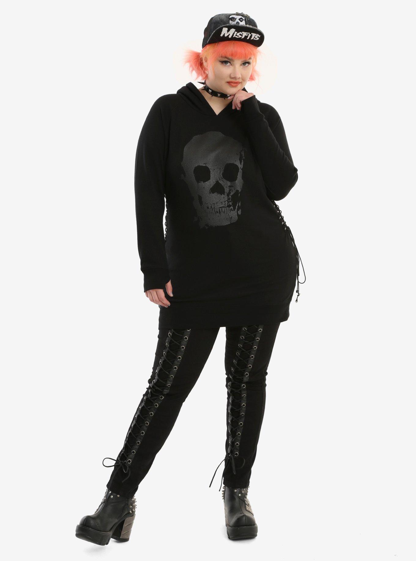 Black Glitter Skull Corset Side Hoodie Dress Plus Size, , alternate