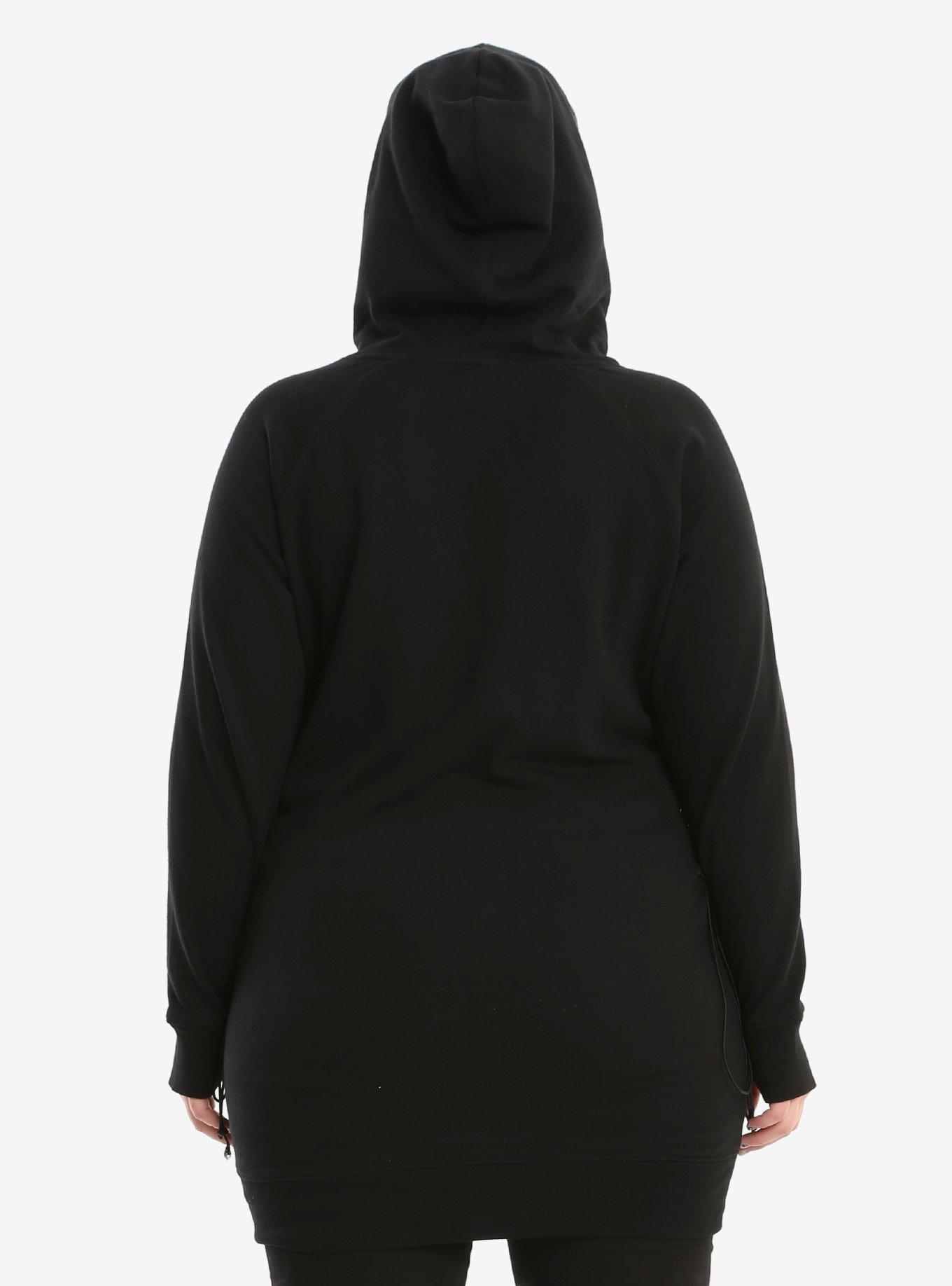 Black Glitter Skull Corset Side Hoodie Dress Plus Size, , alternate