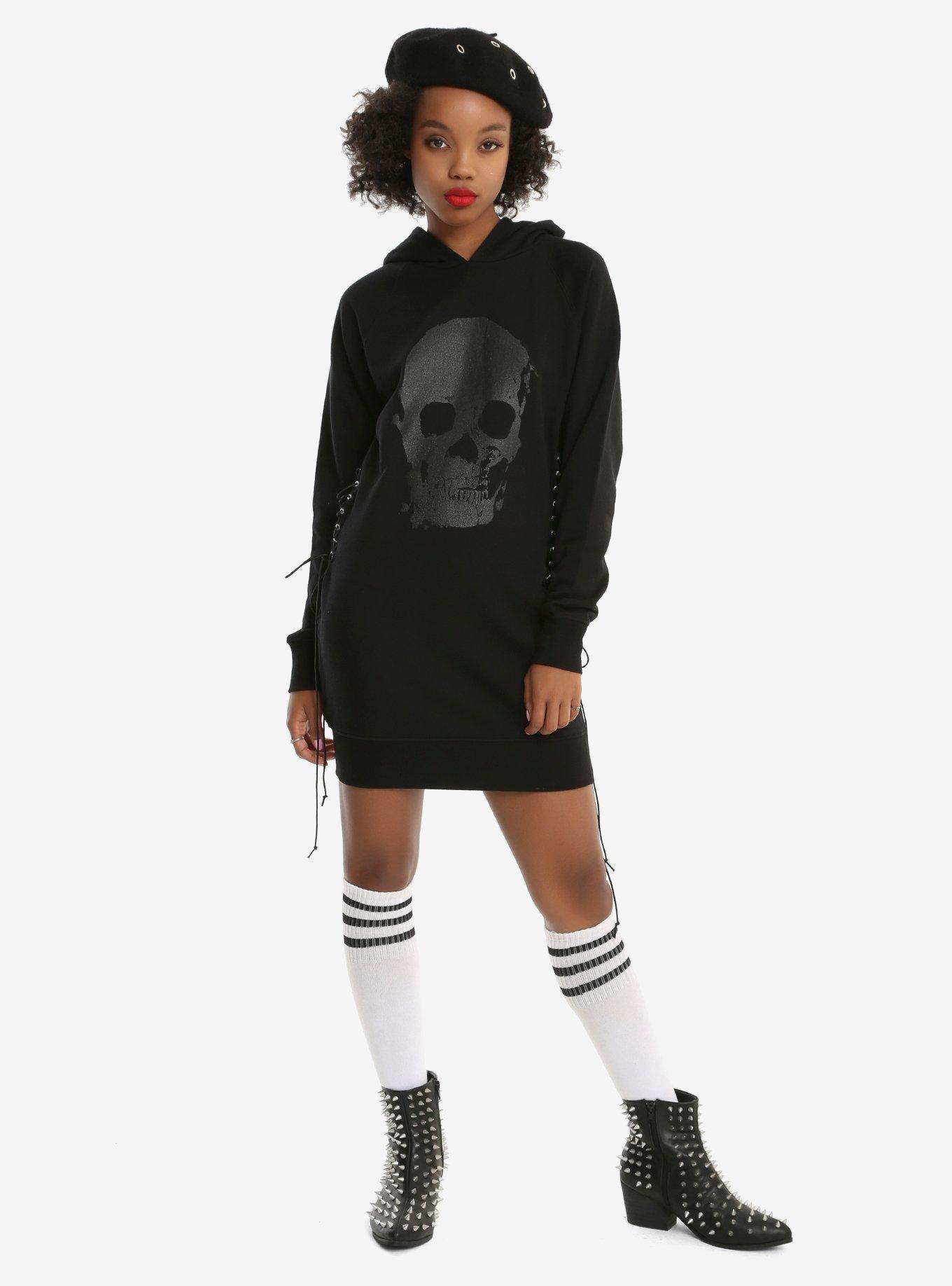Black Glitter Skull Corset Side Hoodie Dress, , alternate