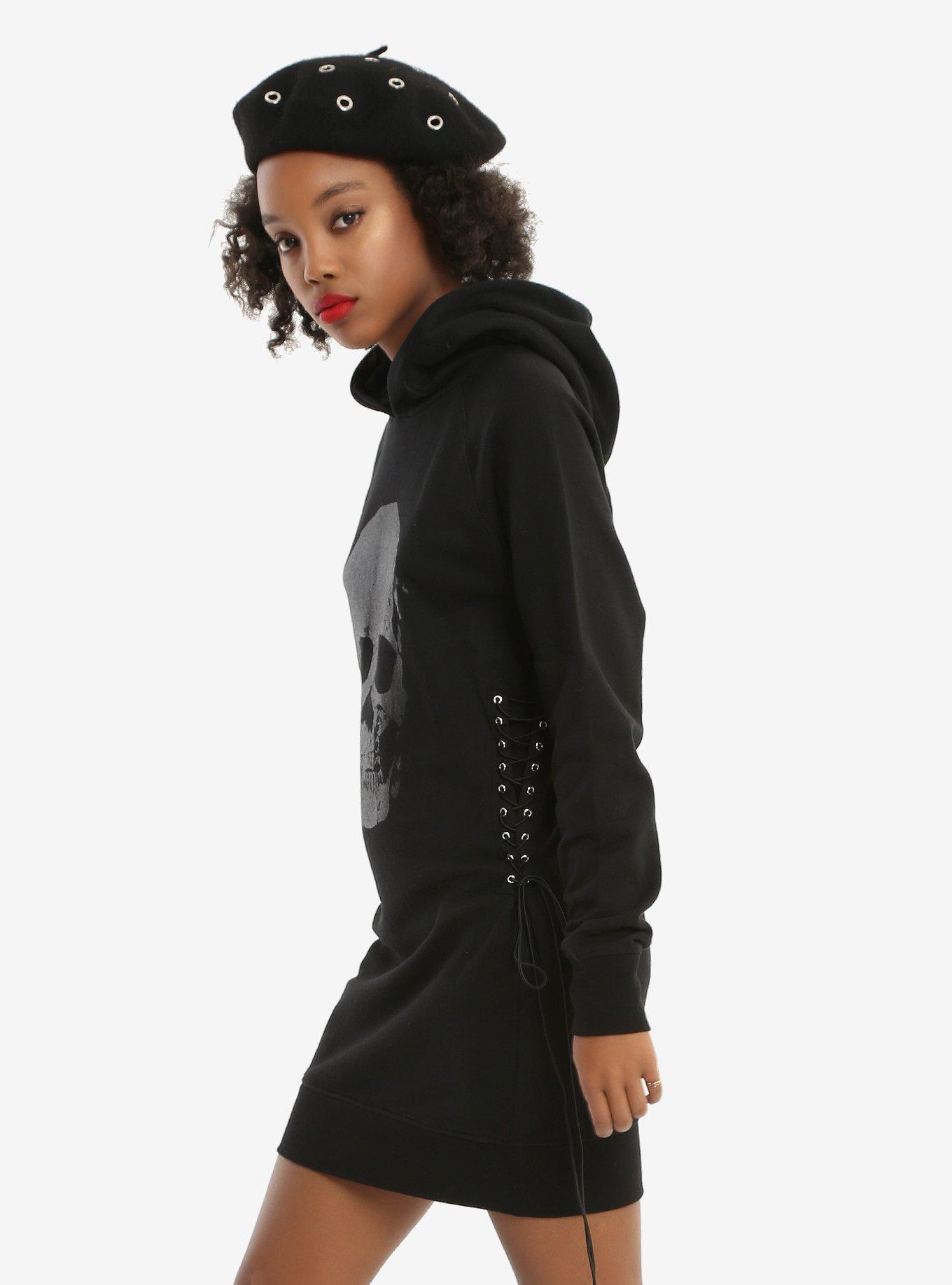 Black Glitter Skull Corset Side Hoodie Dress, , alternate