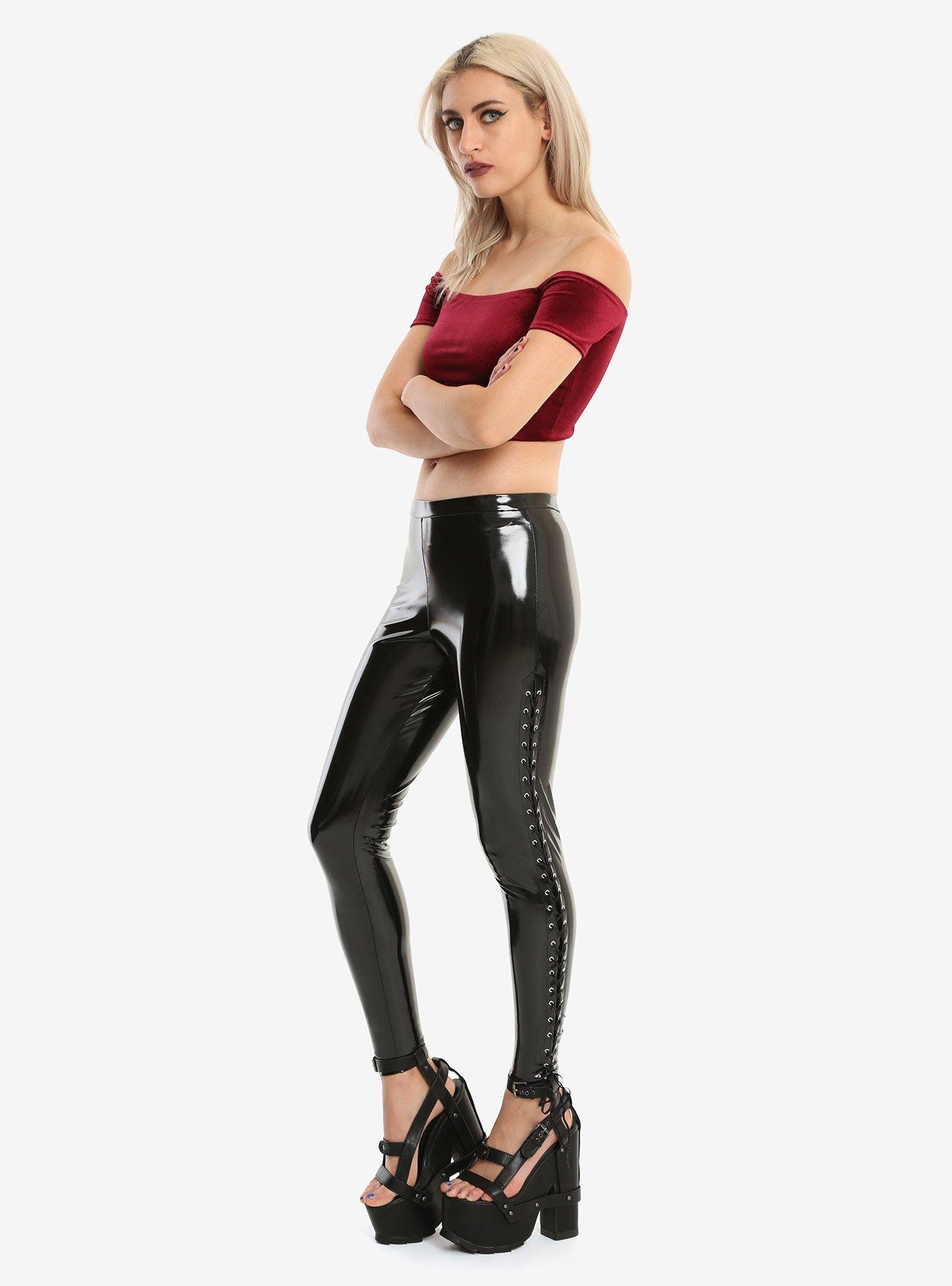 Black Vinyl Side Lace-Up Leggings, , alternate