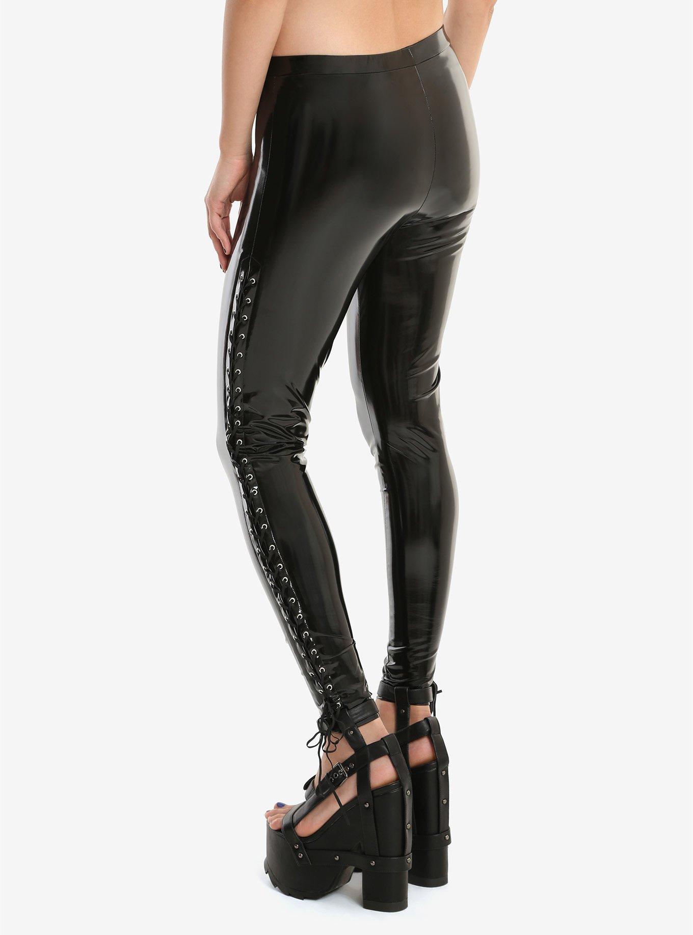 Black Vinyl Side Lace-Up Leggings, , alternate