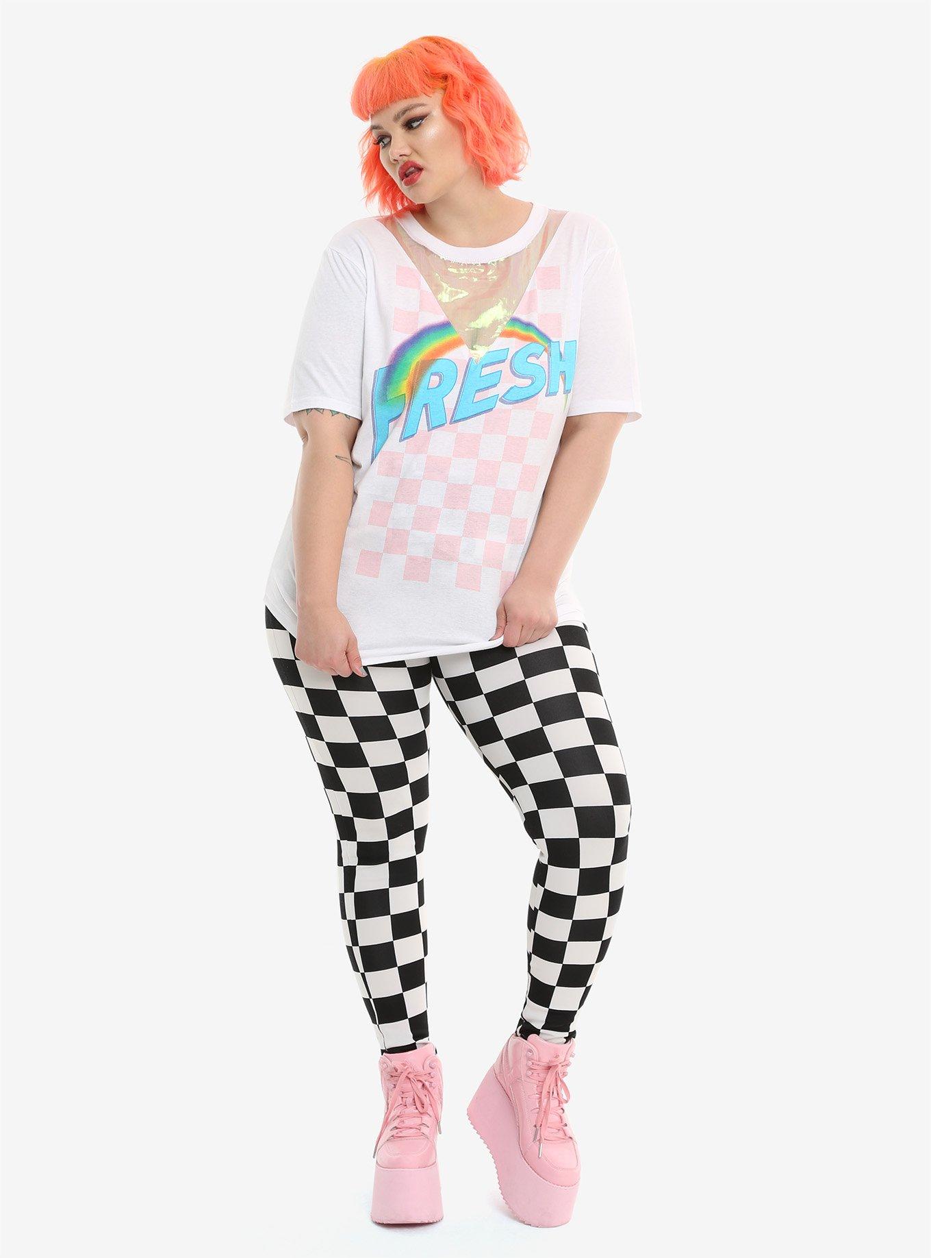 Fresh Rainbow Checkered Print Iridescent Inset Girls T-Shirt Plus Size, , alternate