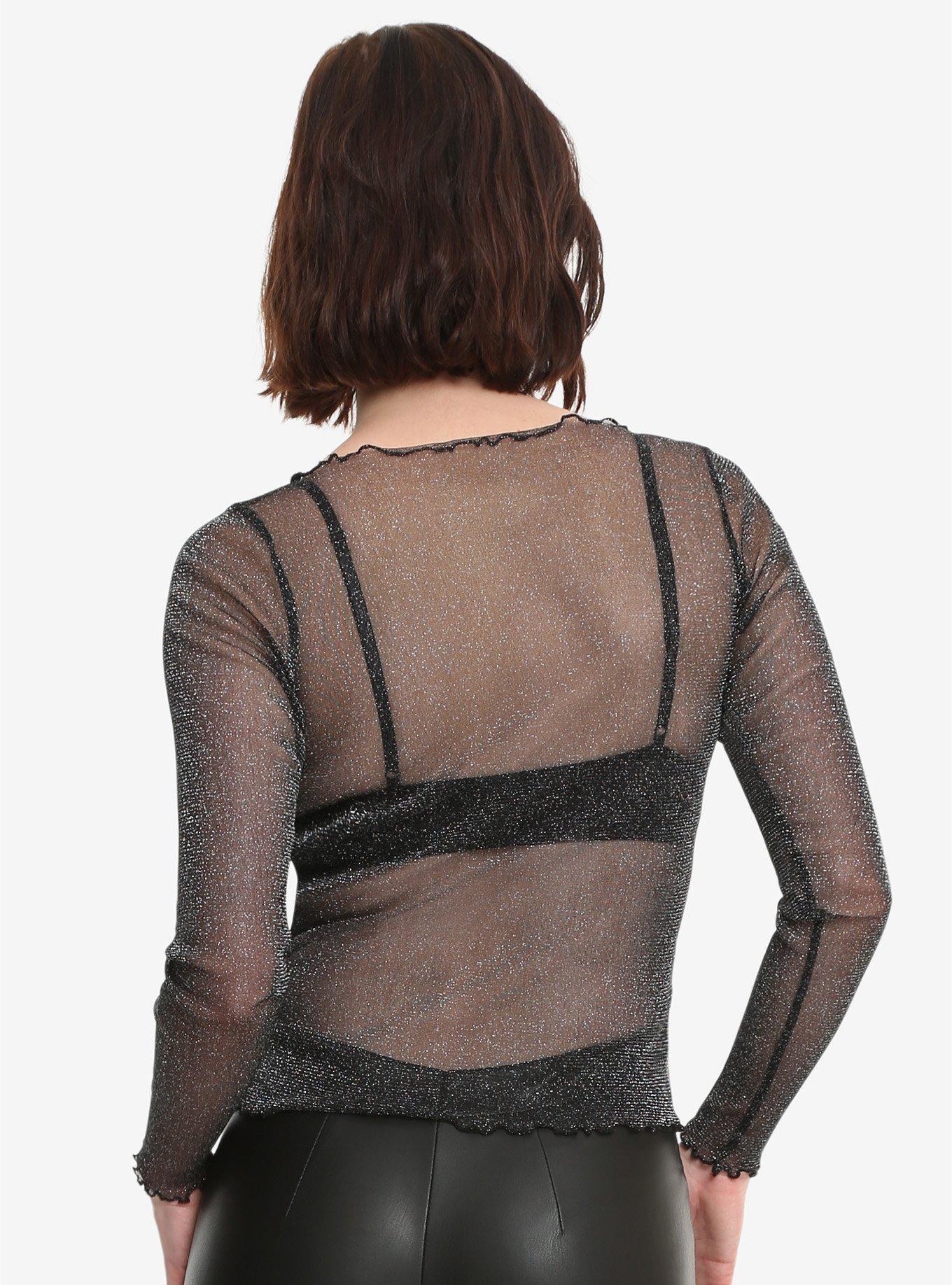 Black Iridescent Mesh Girls Top, , alternate