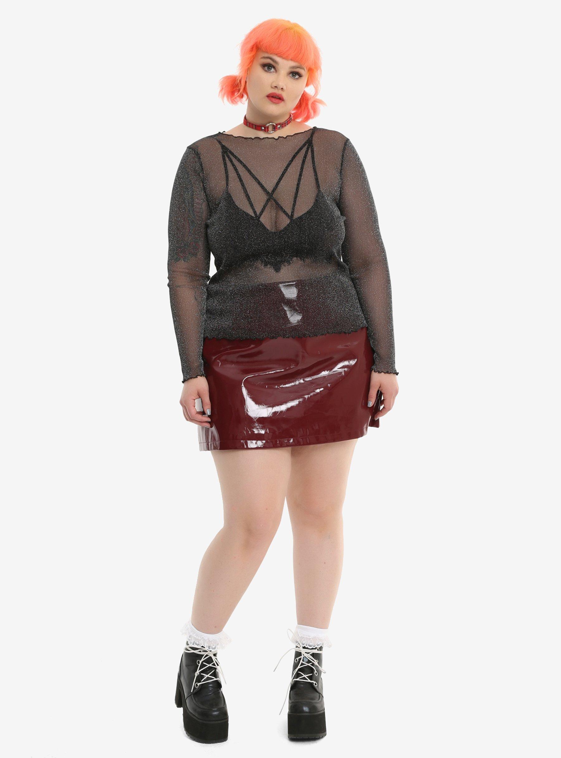 Black Iridescent Mesh Girls Top Plus Size, , alternate