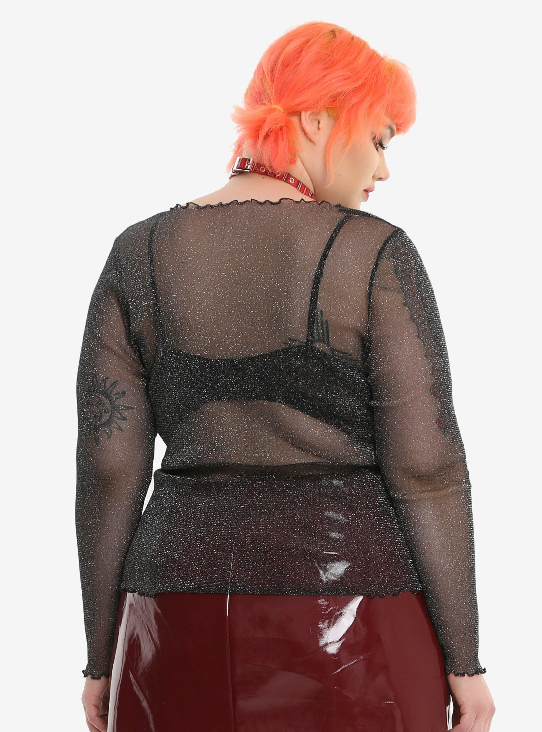 Black Iridescent Mesh Girls Top Plus Size, , alternate