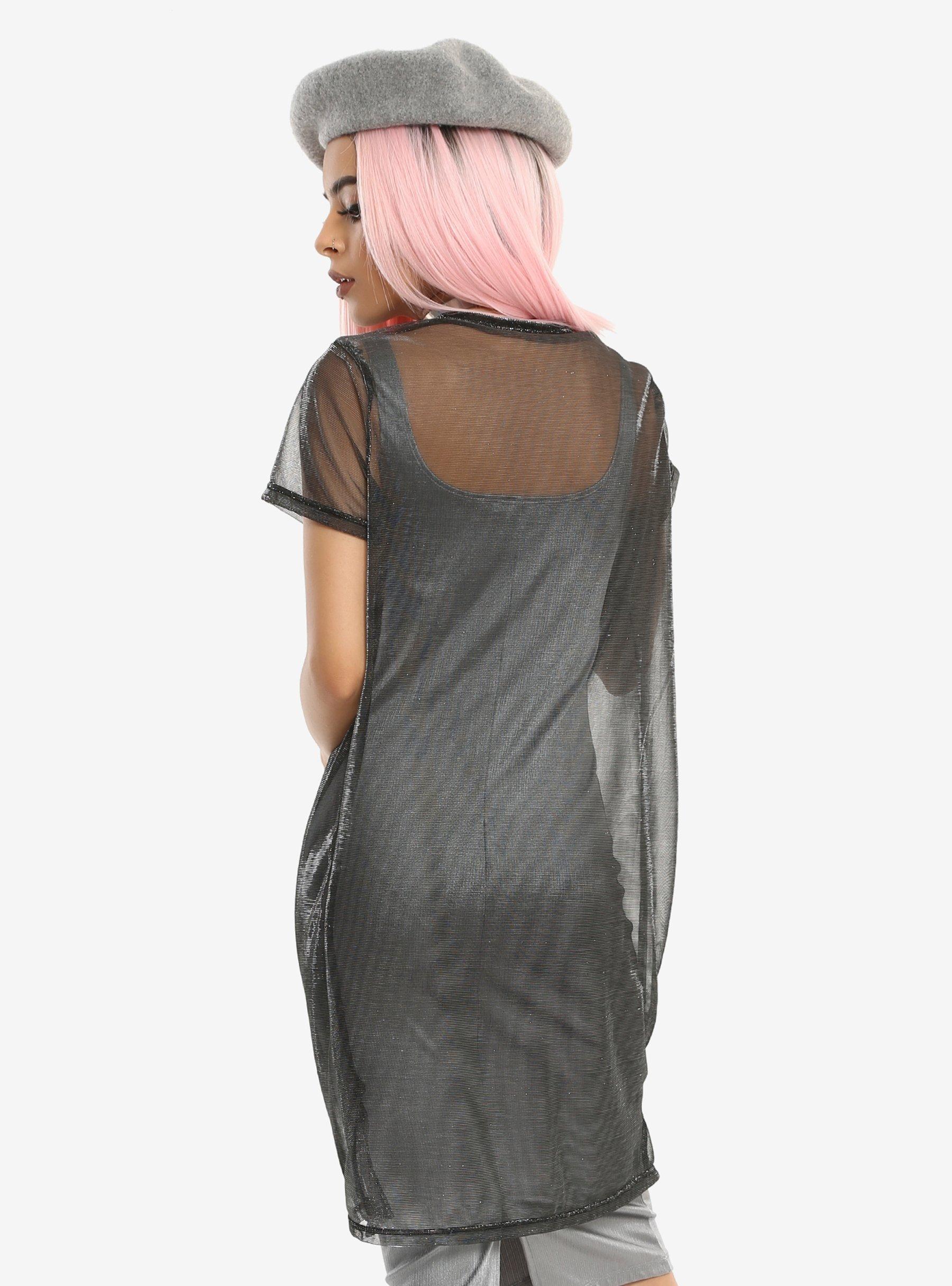 Black Iridescent Mesh T-Shirt Dress, , alternate