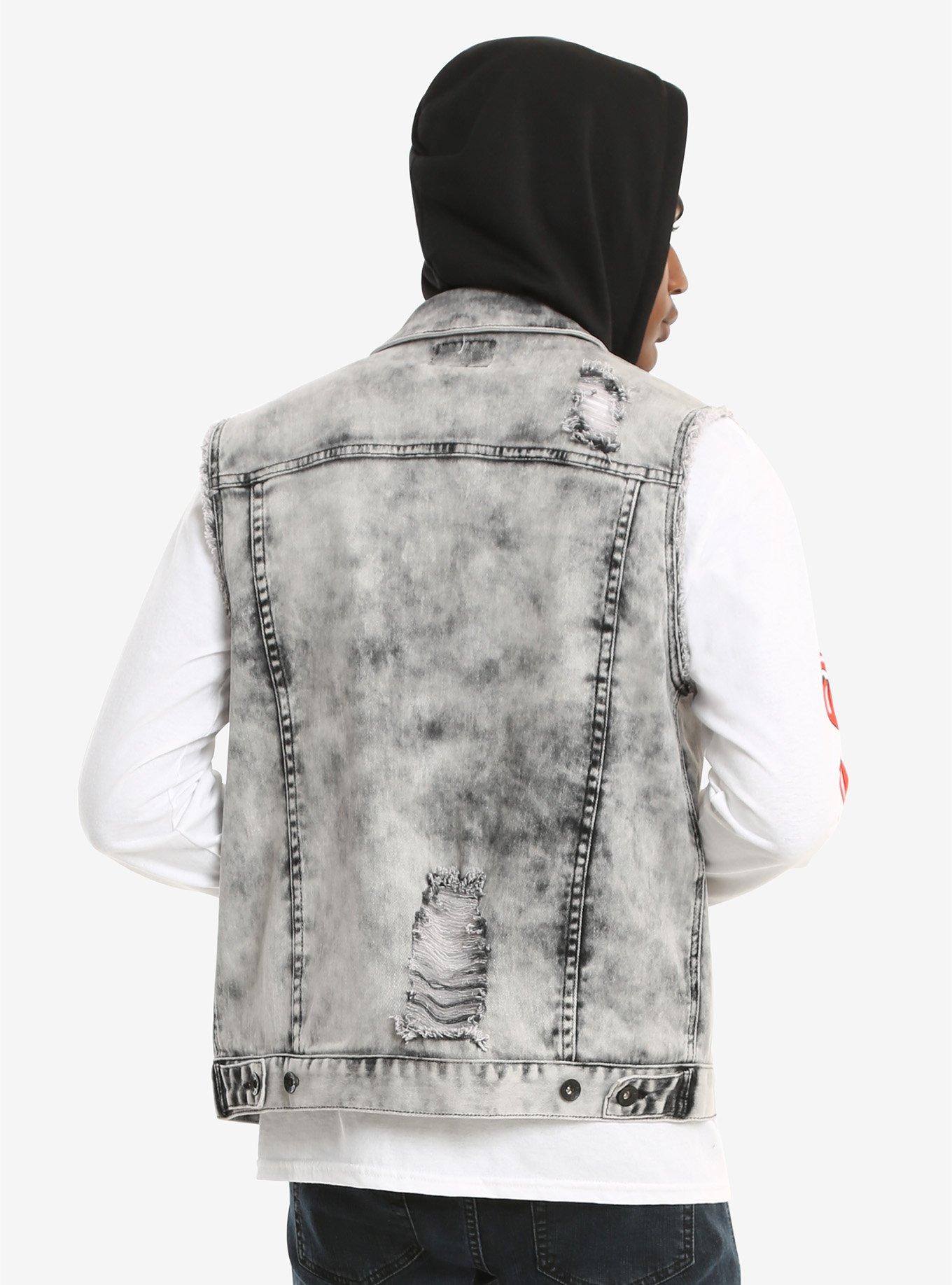 XXX RUDE Grey Acid Wash Destructed Denim Hooded Vest, , alternate